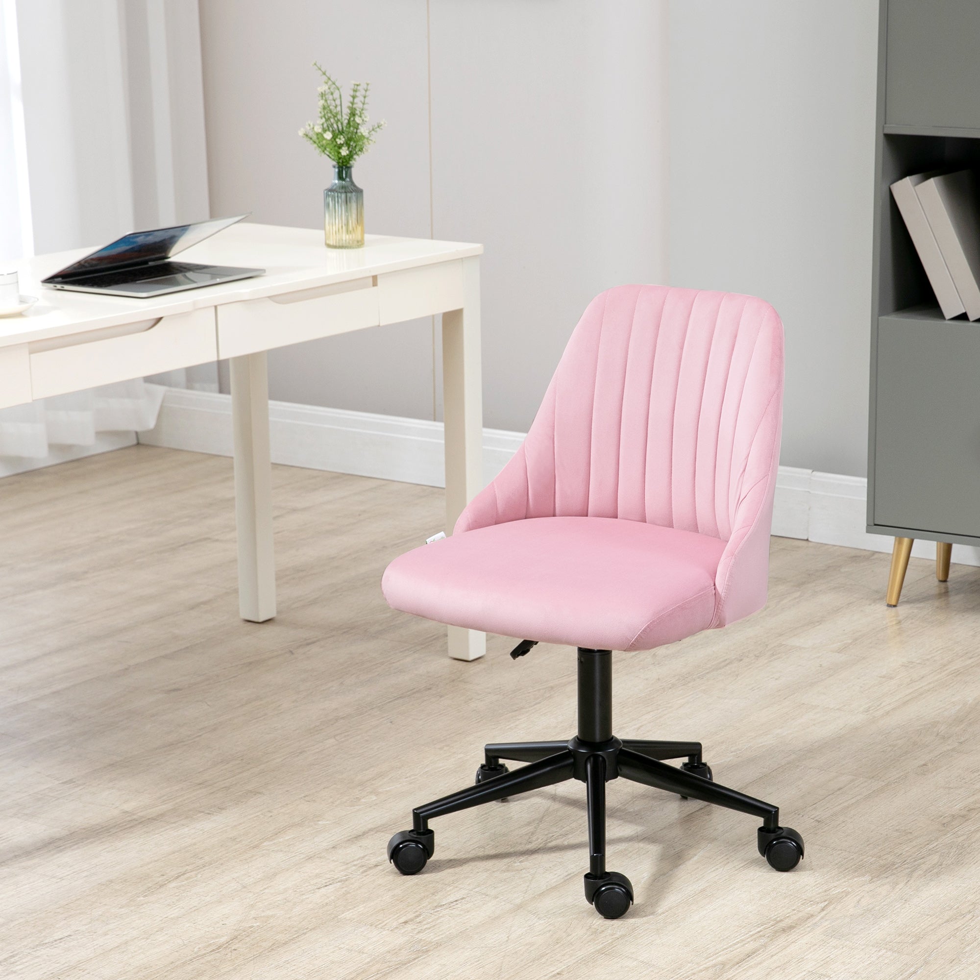 Velvet-Feel Armless Office Chair with Wheels and Adjustable Height - Pink