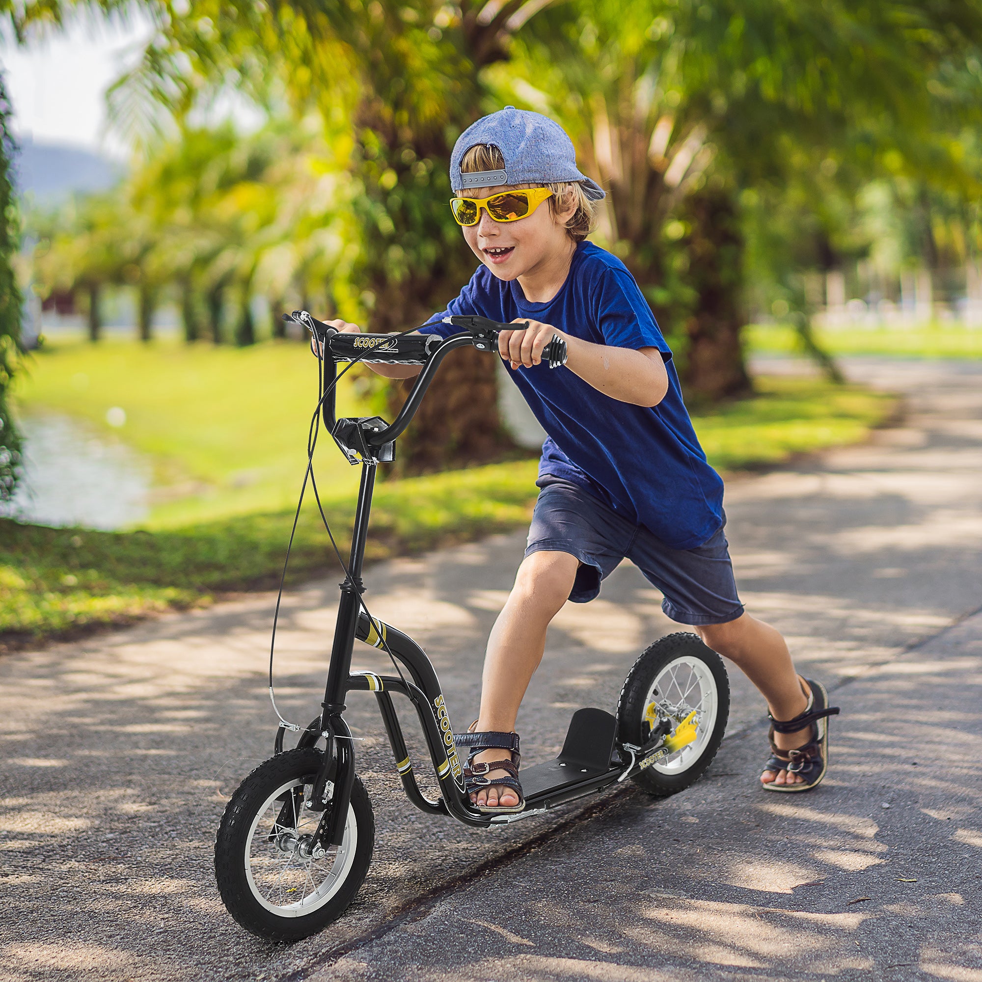 Teen Kids Stunt Scooter with Adjustable Handlebar, 12 Inch Rubber Tyres, Dual Brakes - Black