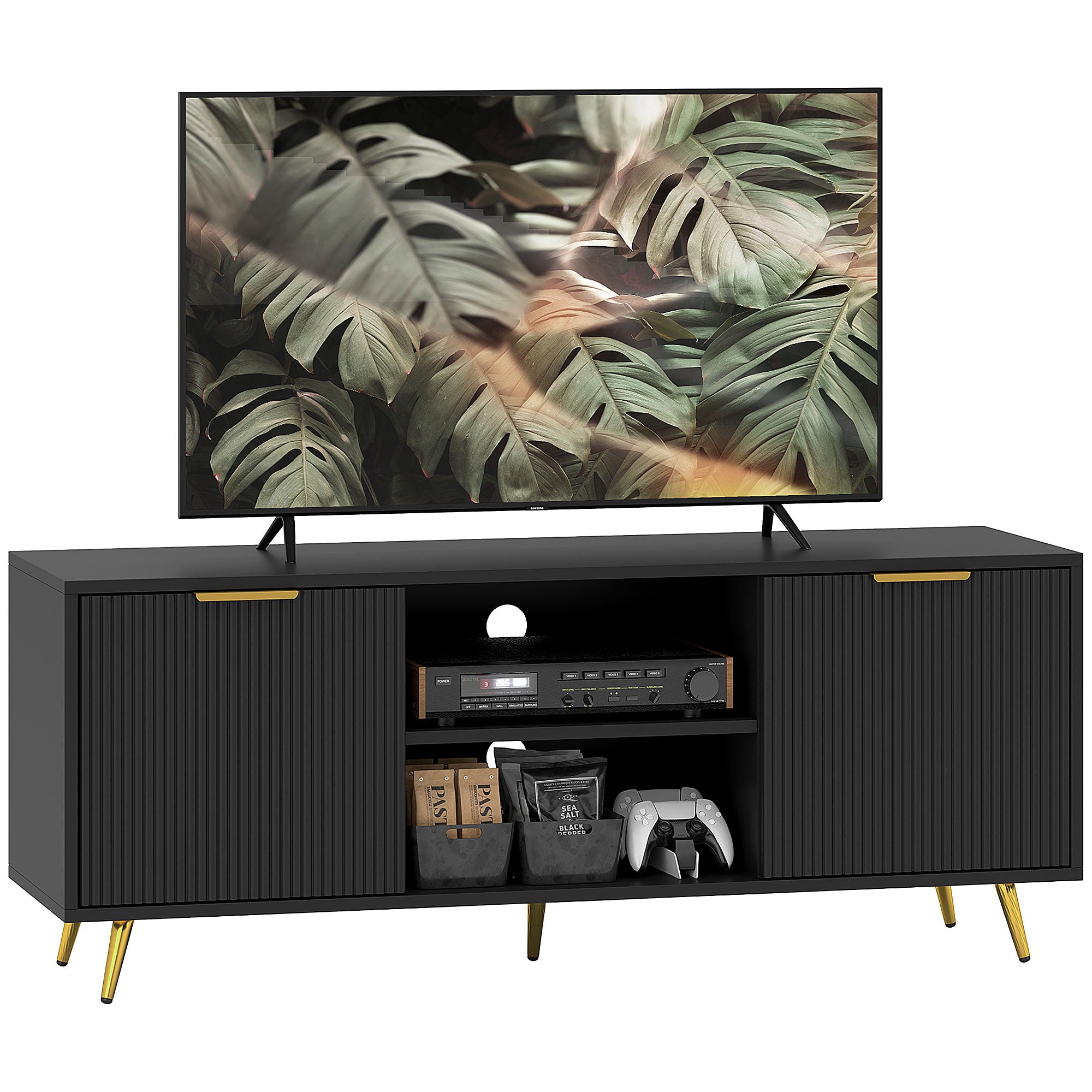 Modern TV Stand Cabinet for TVs up to 55", TV Unit with 2 Open Shelves and 2 Cabinets, Entertainment Centre with Cable Management for Living Room, Black