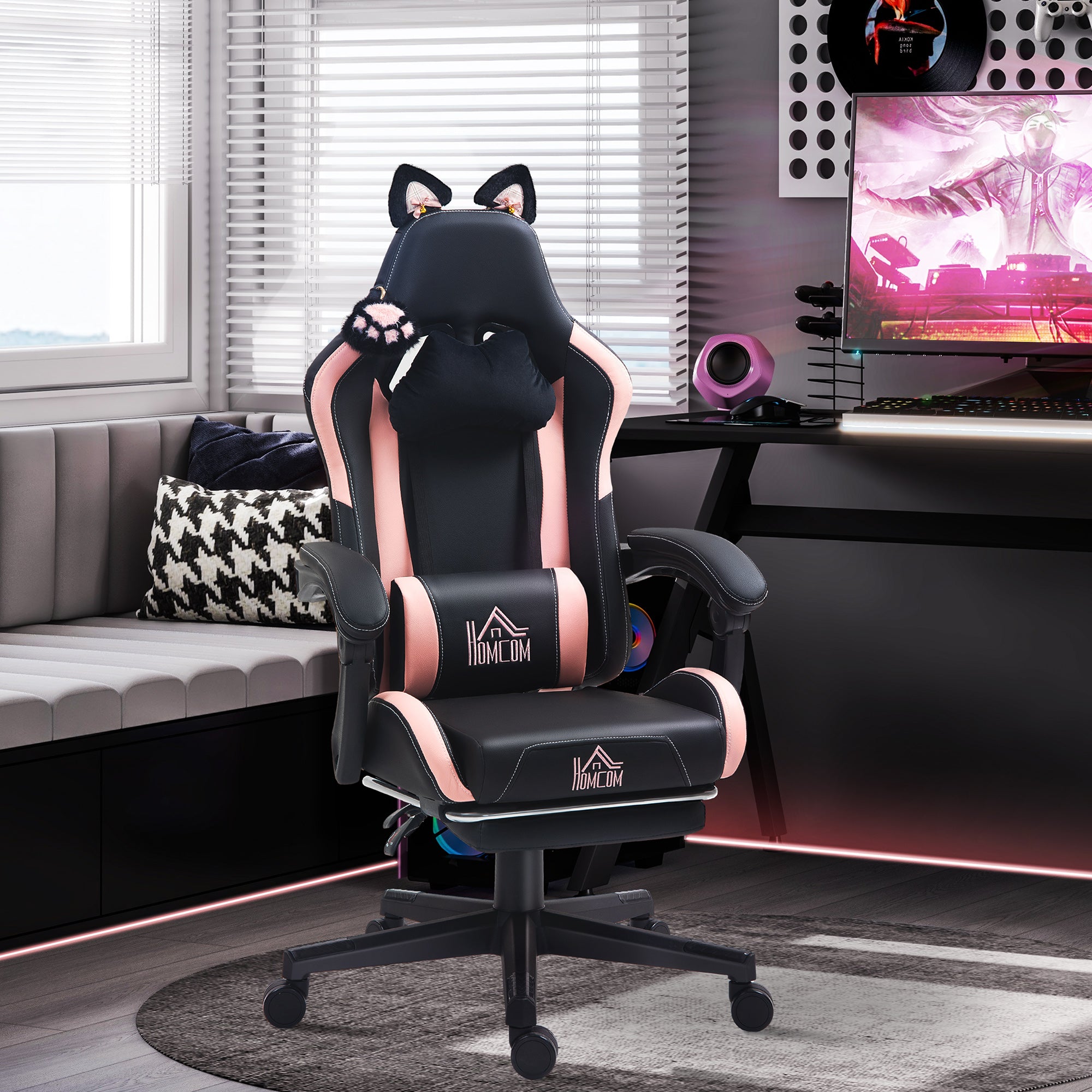 Cat Ear and Paw Reclining Office Chair, with Footrest - Black/Pink