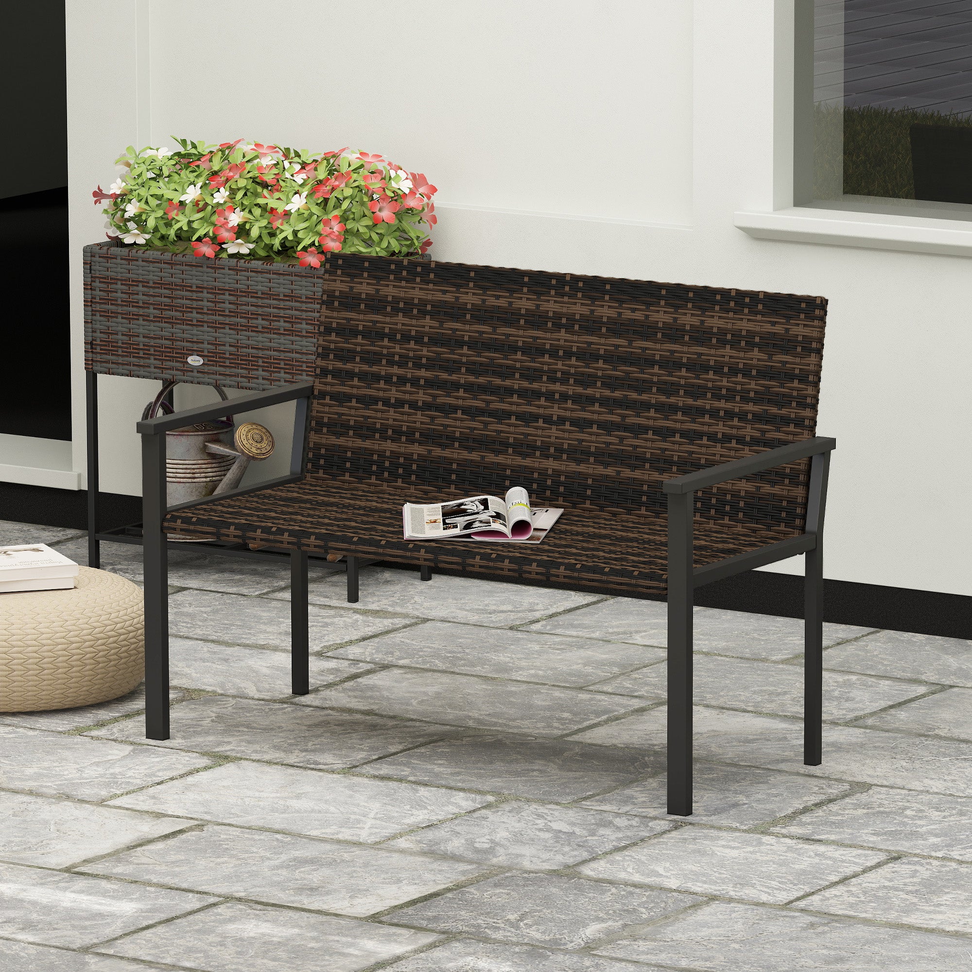 2 Seater Rattan Garden Bench, Outdoor Bench with Quick-Drying Cotton Padding, Wicker Garden Loveseat with Armrests, Steel Frame for Patio, Park, Mixed Brown