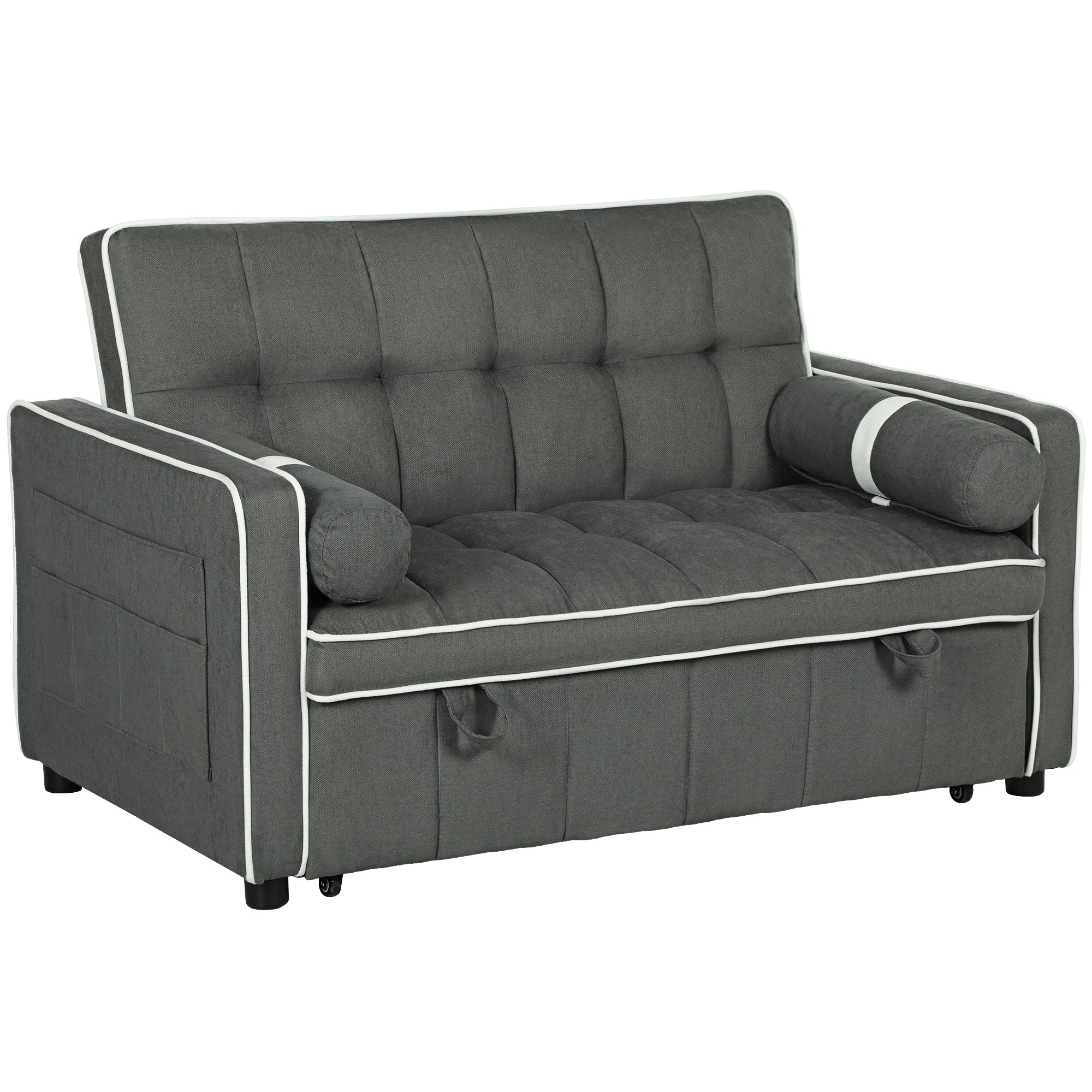 Two-Seater Linen-Look Sofa Bed with Recliner and Storage Pockets - Charcoal Grey