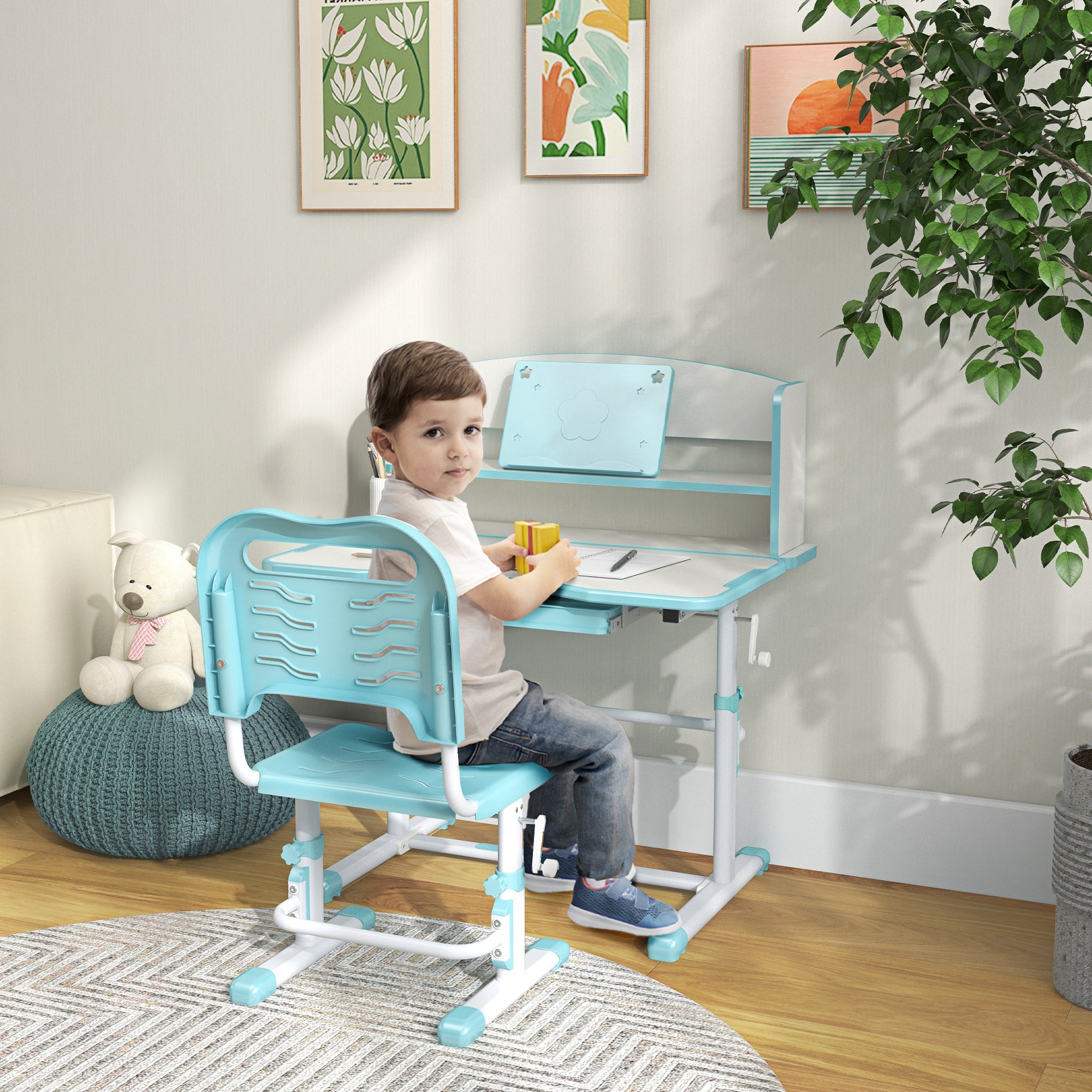 2 Piece Height Adjustable Kids Study Table and Chair Set with Storage - Blue