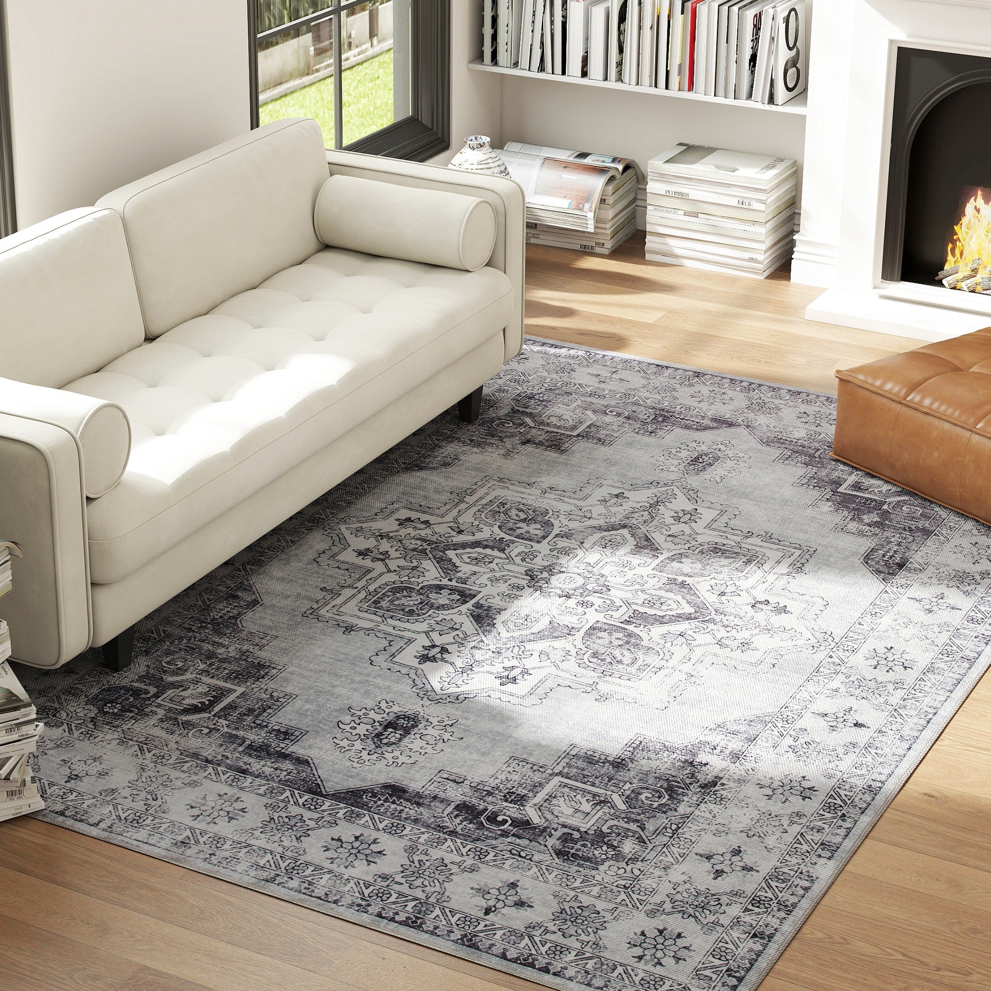 Vintage Area Rug, Non-Slip Washable Rug, Flannel Floor Carpet for Living Room, Bedroom, Dining Room, Home Office, 290 x 200 cm, Grey