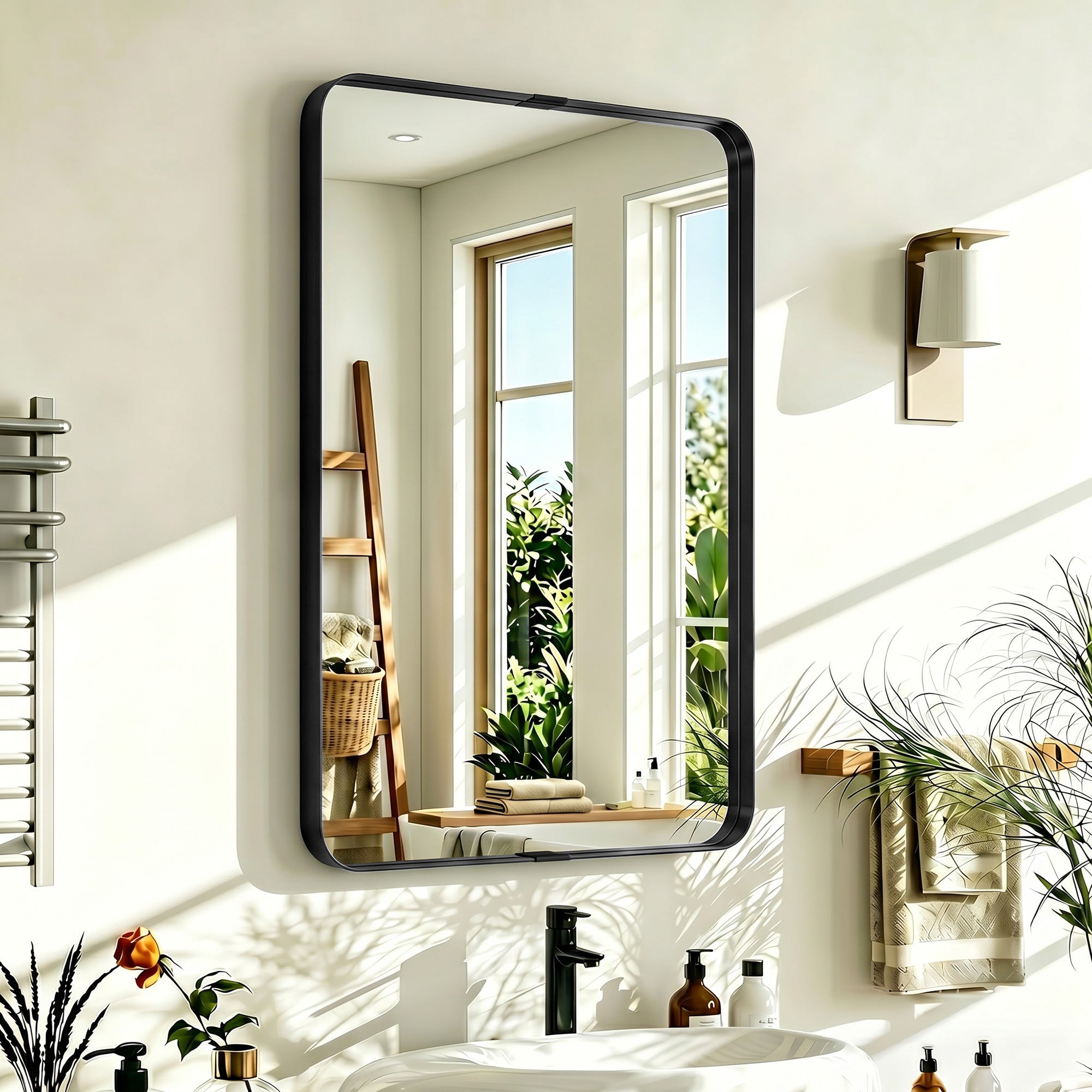 Rectangular Wall Mirror, 90 x 60 cm Wall Mounted Bathroom Mirror with Aluminium Alloy Frame and Tempered Glass, Black