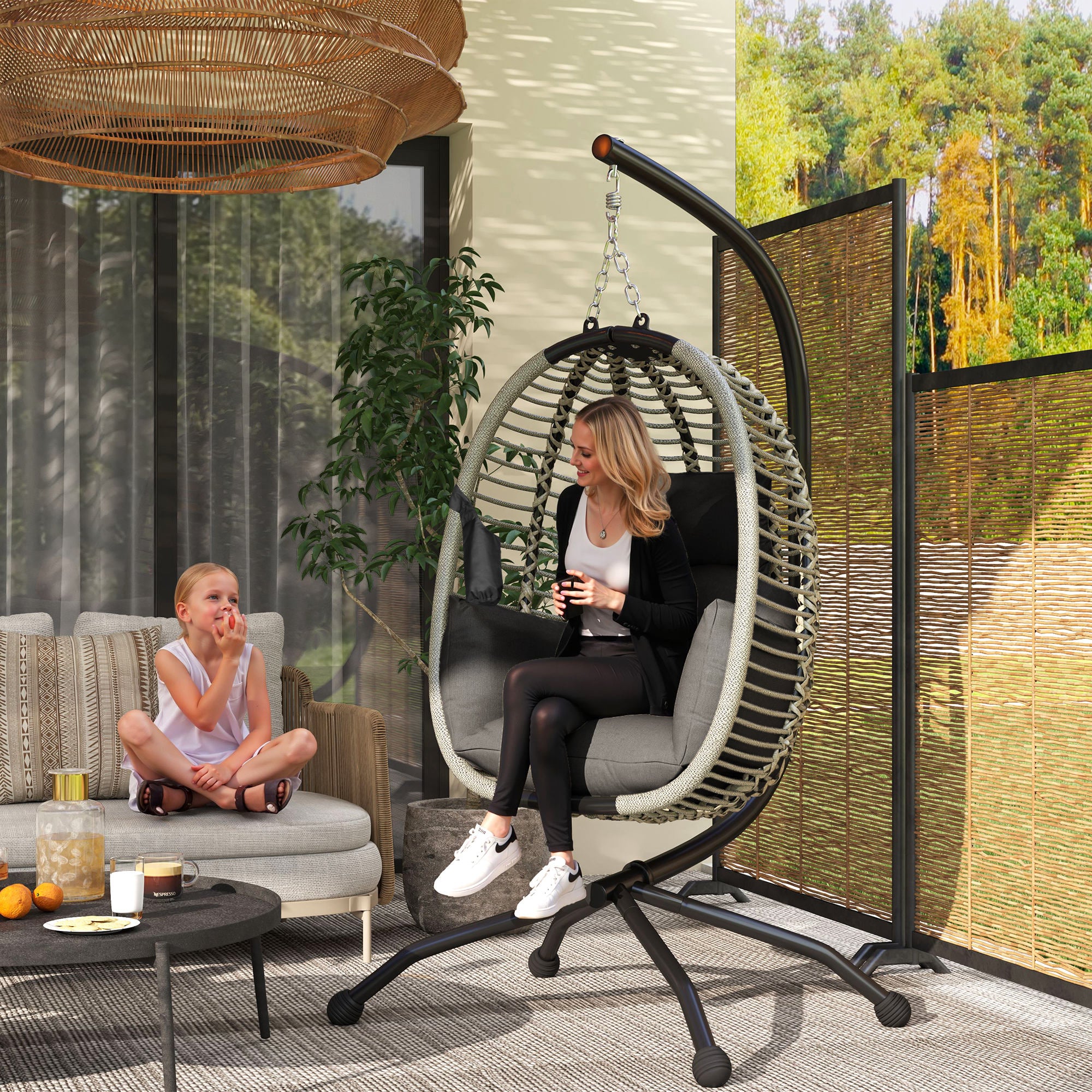 Outdoor Hanging Egg Chair with Padded Cushion and Metal Stand - Dark Grey