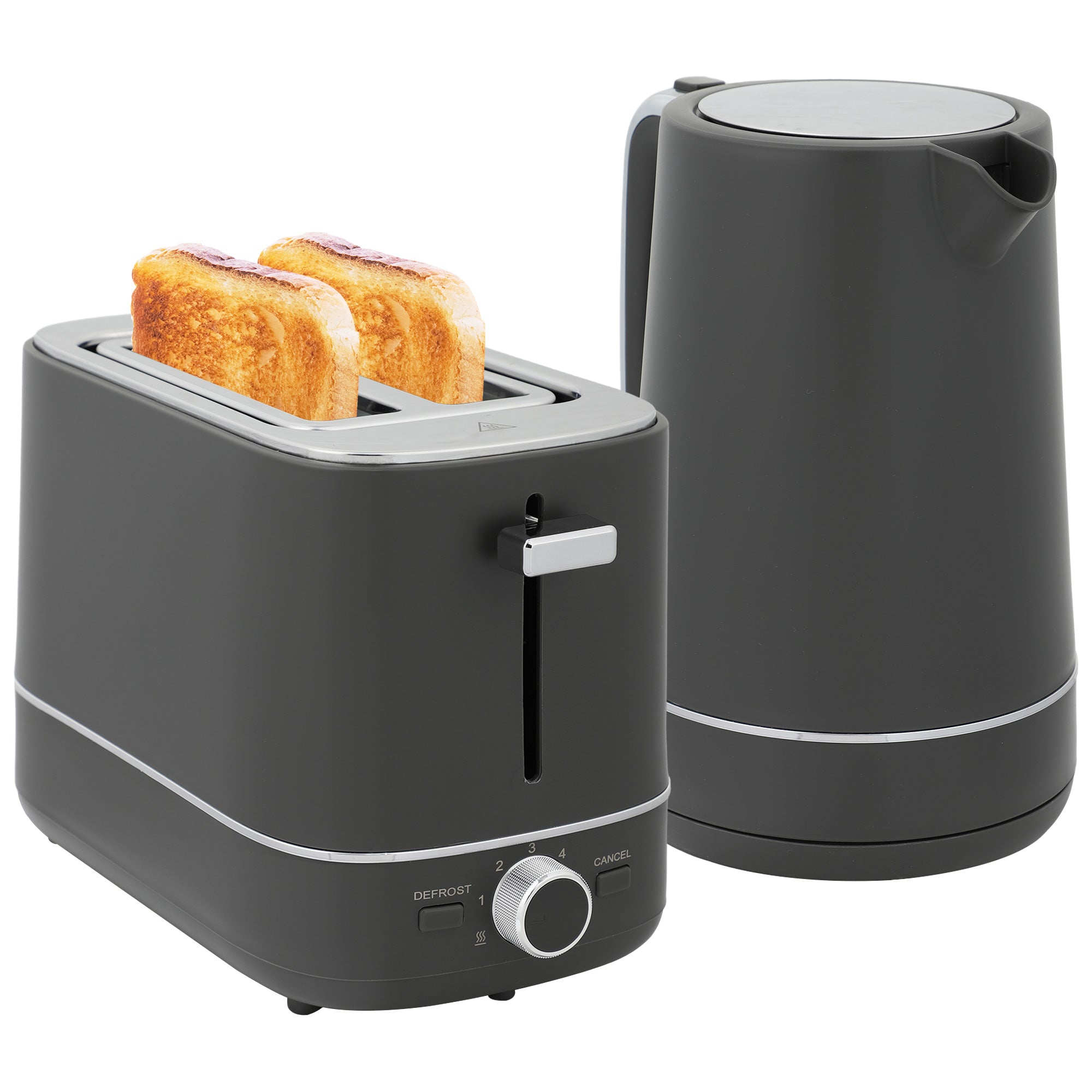 Kettle and Toaster Set, 1.7L 3000W Fast Boil Kettle & 2 Slice Toaster Kitchen Set with 6 Level Browning Controls, Defrost, Reheat, Grey