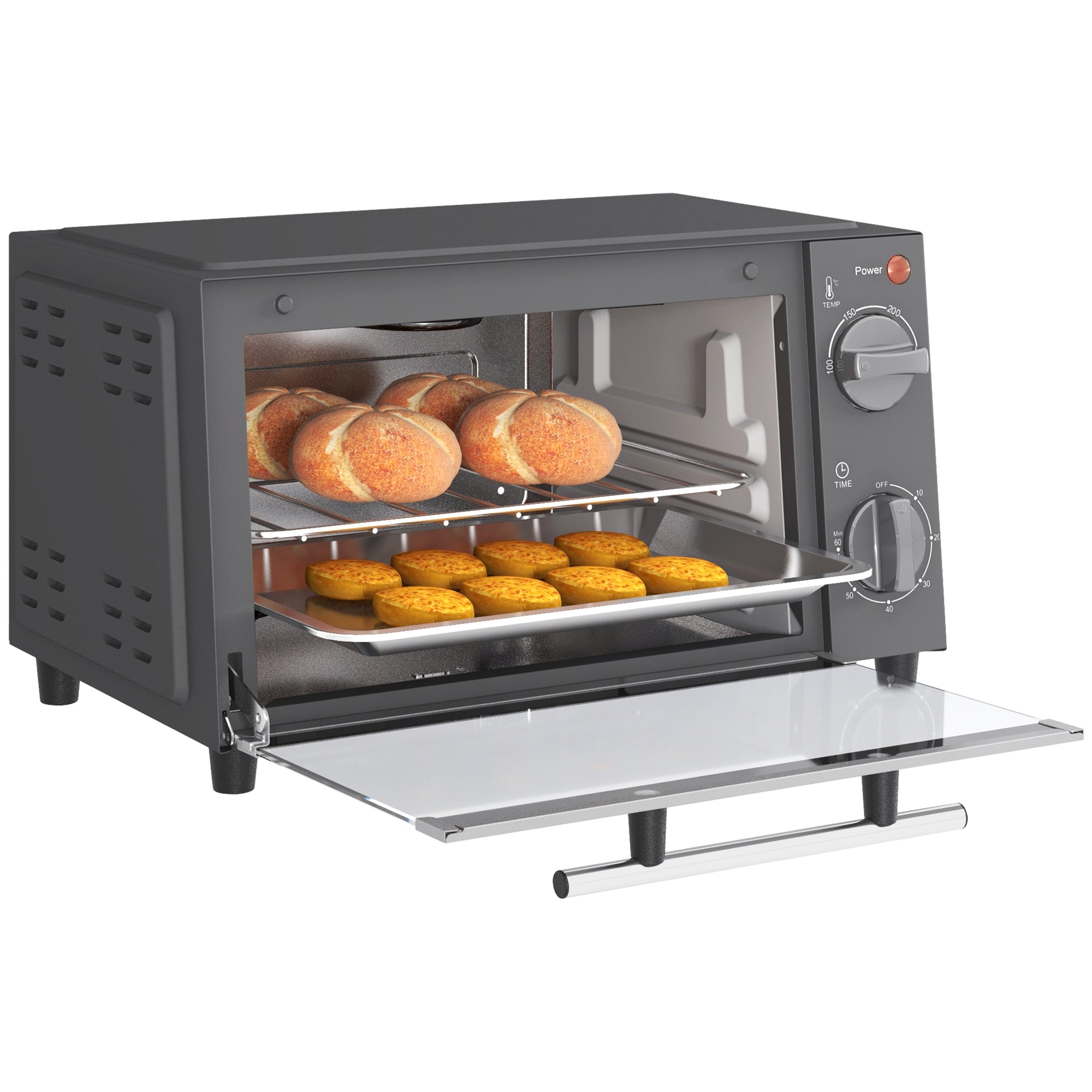 9L Mini Electric Oven with Adjustable Temperature and Dishwasher Safe Tray - Grey