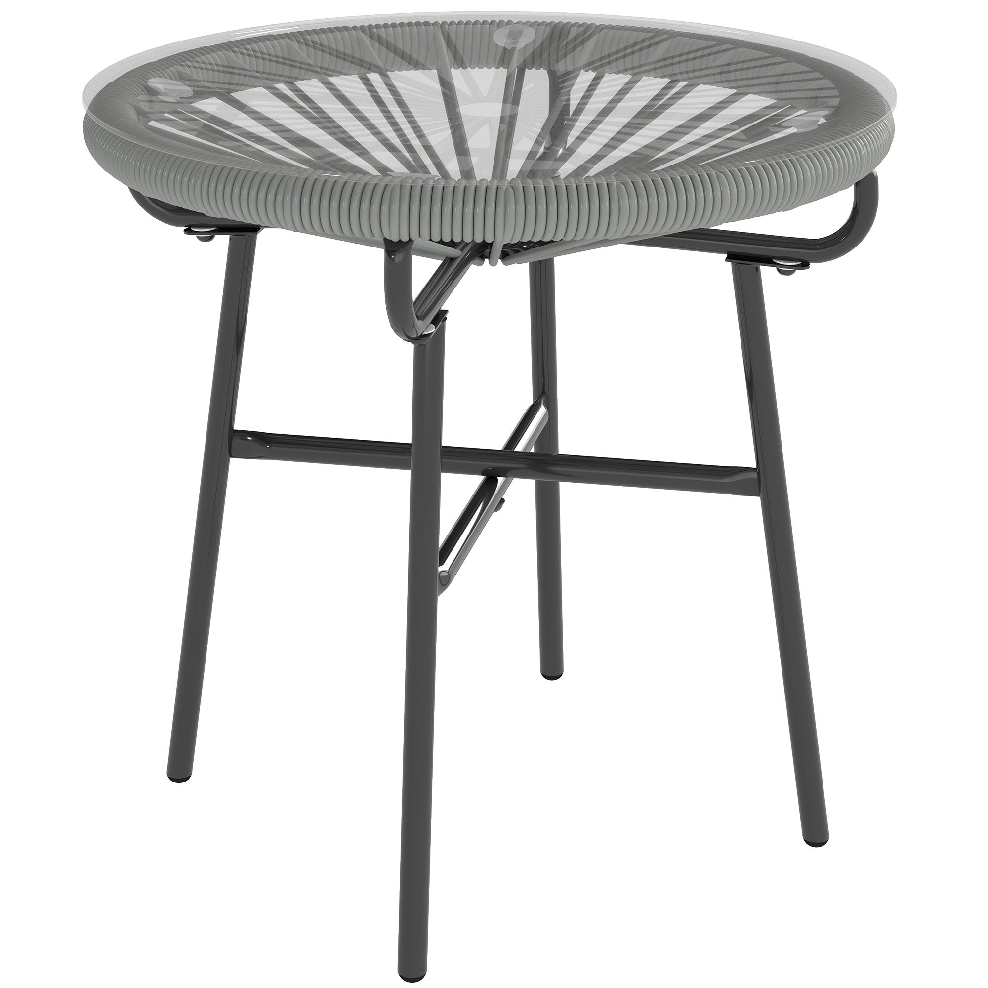 Rattan Side Table, Round Outdoor Coffee Table, with Round PE Rattan and Tempered Glass Tabletop, Light Grey