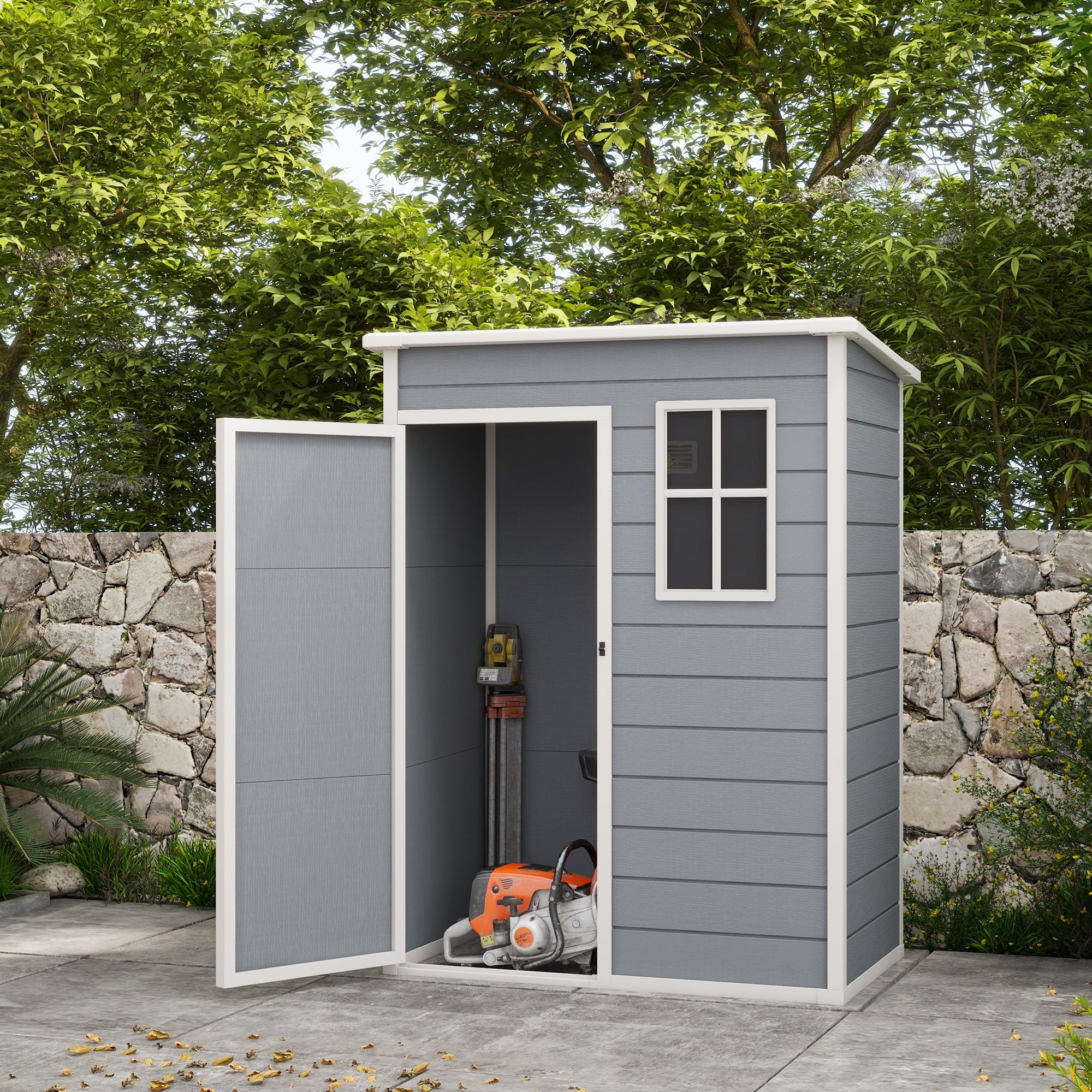 5 Foot Outdoor Storage Shed with Lockable Door and Window - Grey