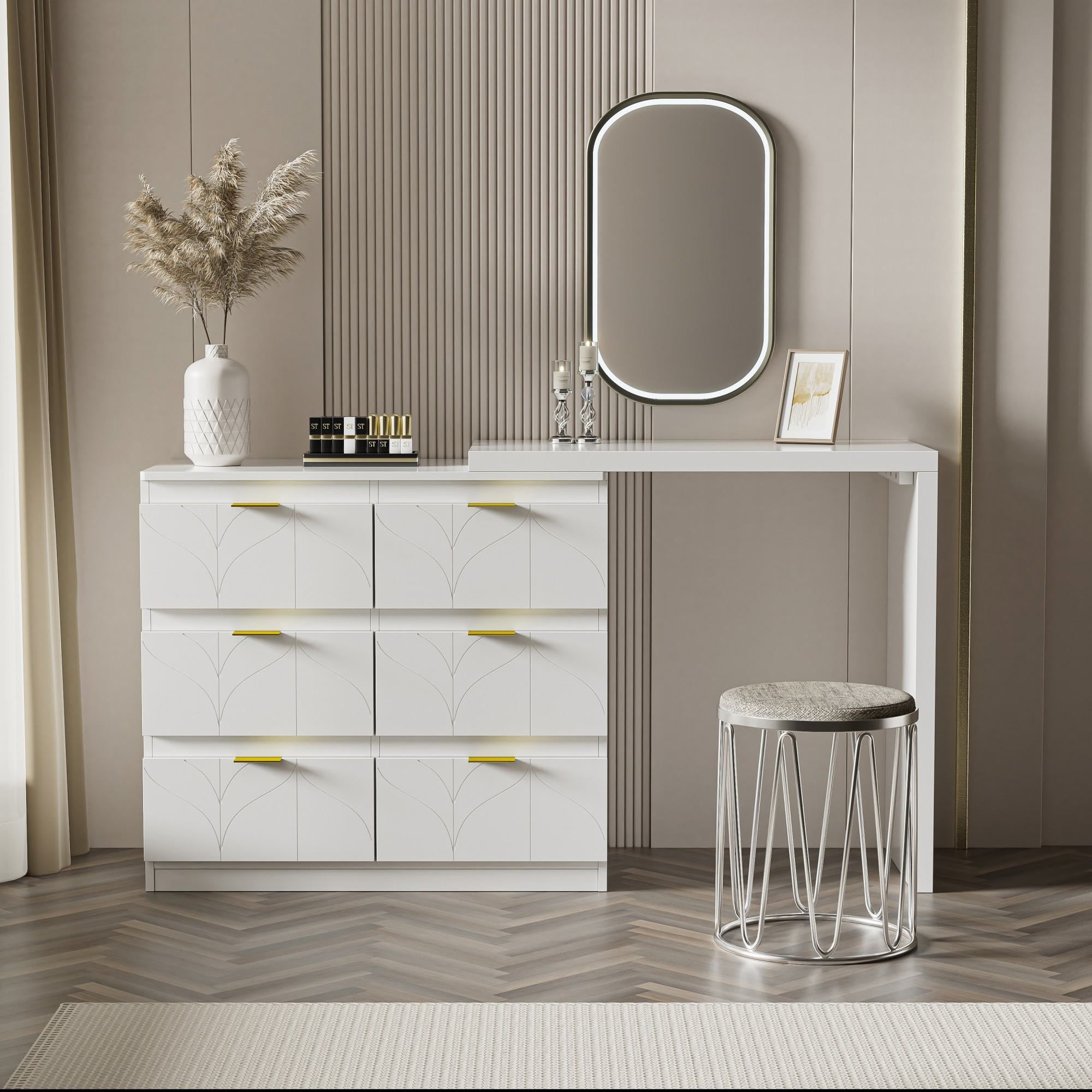 Elegant Dressing Table with Rotating Top and 6 Silent Drawers - White