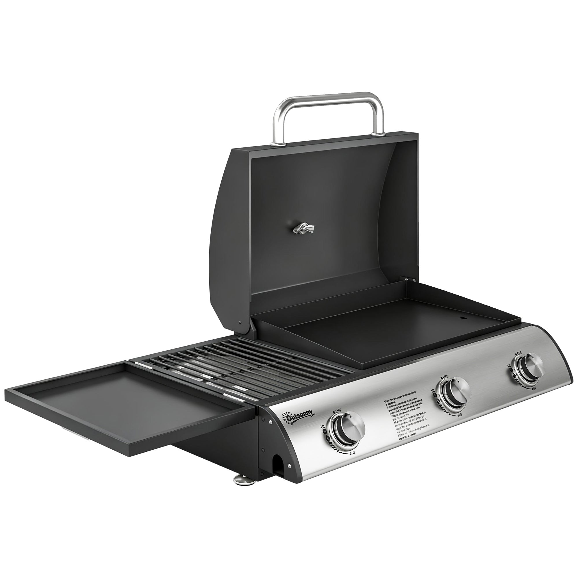 3 Burner Portable Gas Plancha BBQ Grill, 7.5 kW Outdoor Tabletop Gas Barbecue Grill with Griddle, Thermometer,, Black