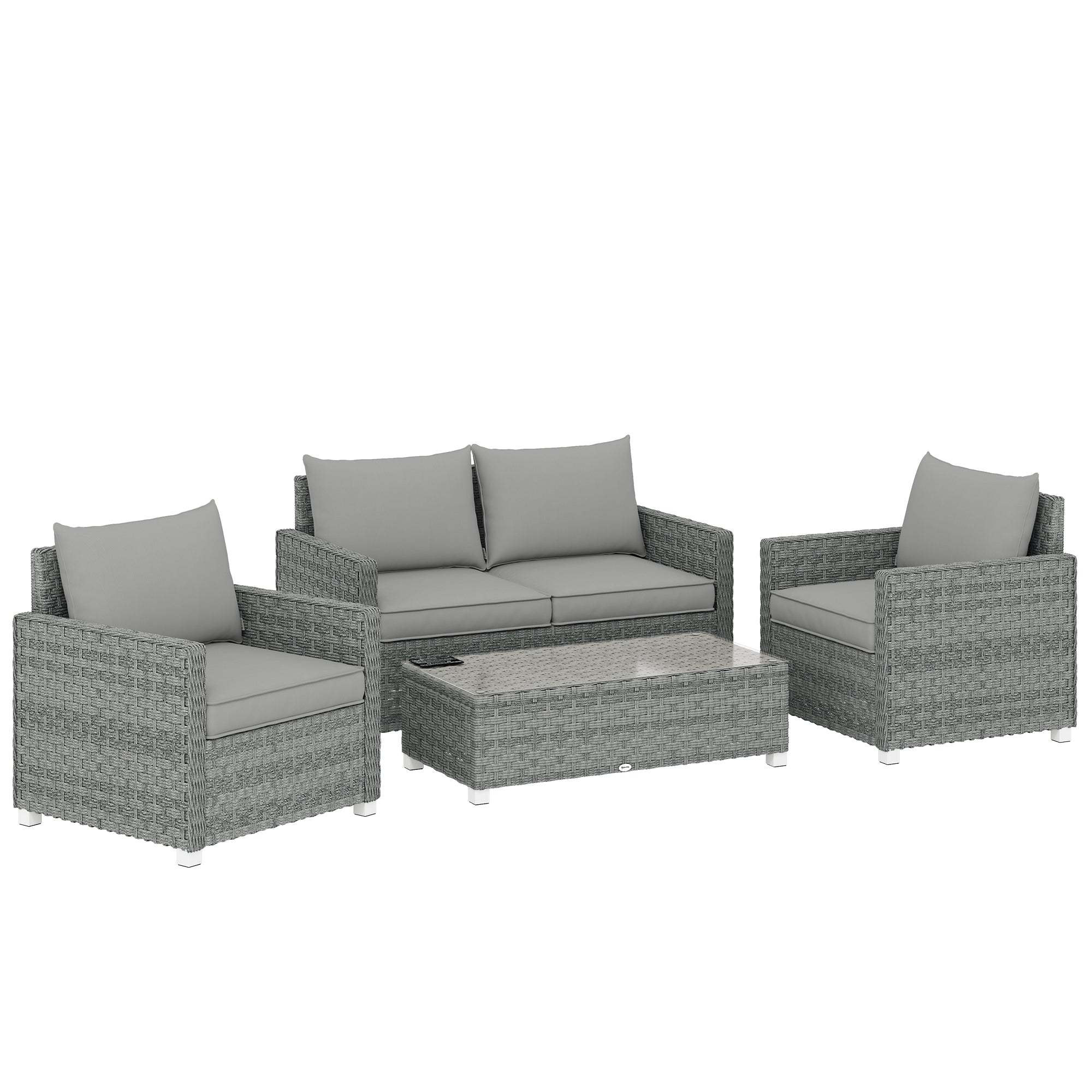 4 Piece Rattan Garden Furniture Set with Loveseat, 2 Armchairs, Glass-Top Table, Wicker Patio Conversation Set, Grey