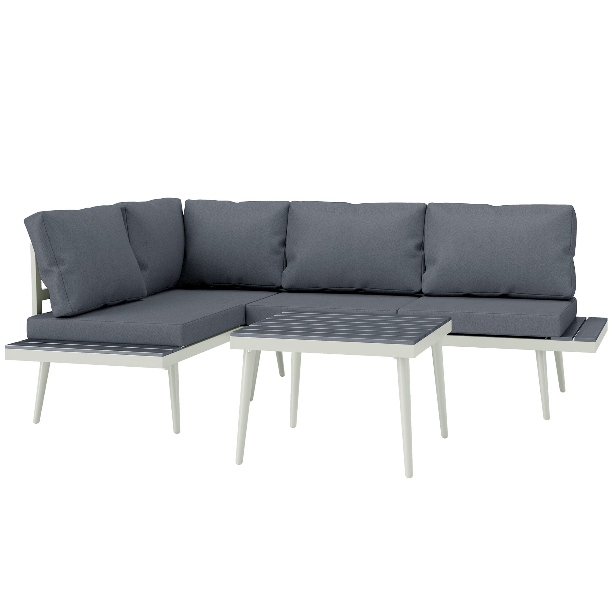 3 Piece Garden Furniture Set with 5-Level Adjustable Lounger & L Shaped Corner Sofa with Cushions - Grey