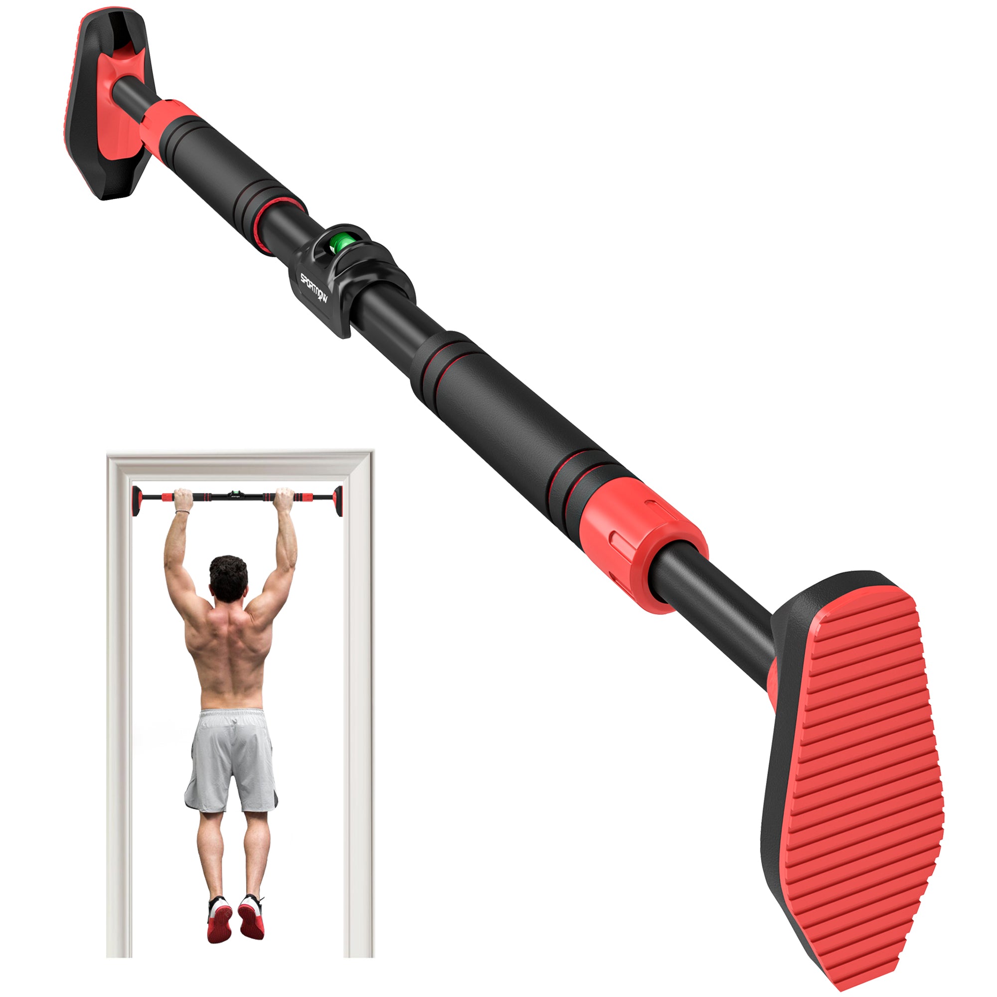 Pull Up Bar Doorway No Screws, Door Frame Chin Up Bar with Level Metre, 96-130 cm (37.8"-51.2") Width Adjustable for Home Gym, Max Load 200kg