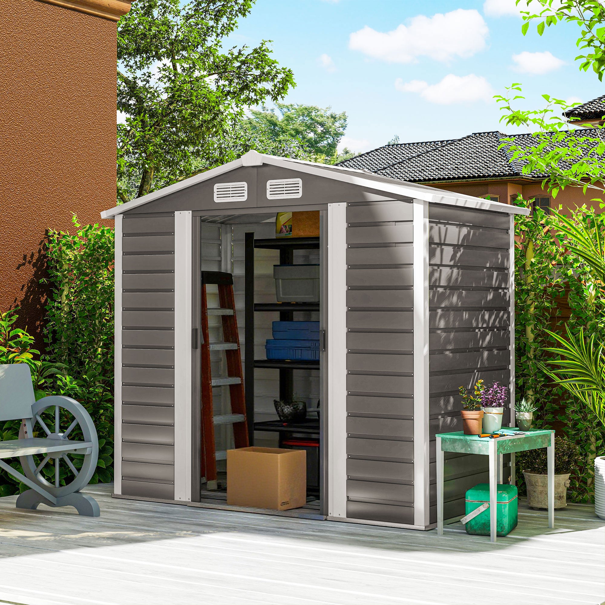 7 x 4ft Garden Shed, Easy to Assemble, Upgraded Galvanised Steel Frame with Foundation Kit, Double Doors with Lock, Outdoor Metal Shed with Vents and Gloves, Garden Storage Shed, Light Grey