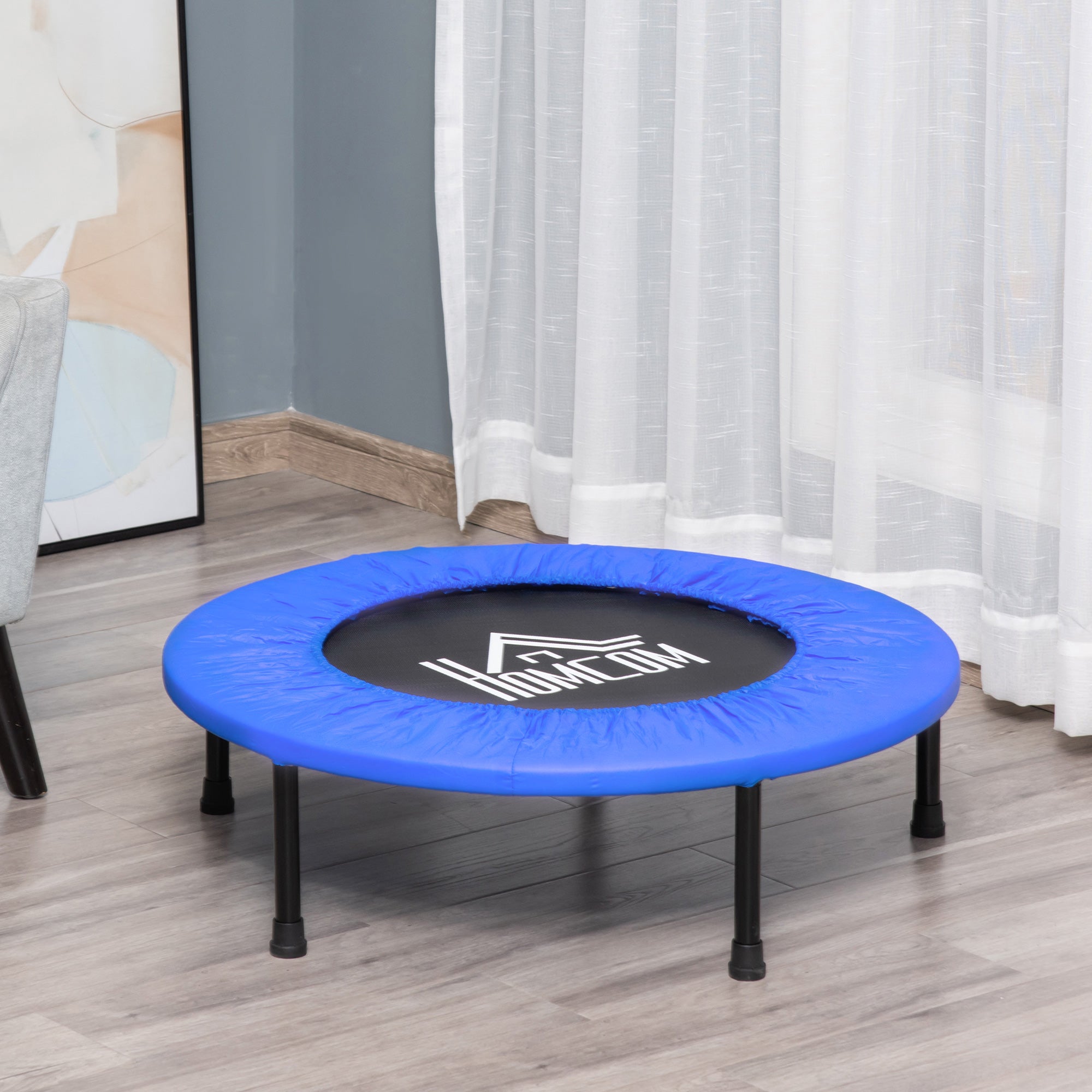 32" Mini Fitness Trampoline Home Gym Yoga Exercise Rebounder Indoor Outdoor Jumper with Safety Pad, Support Up to 100 KG, Blue and Black