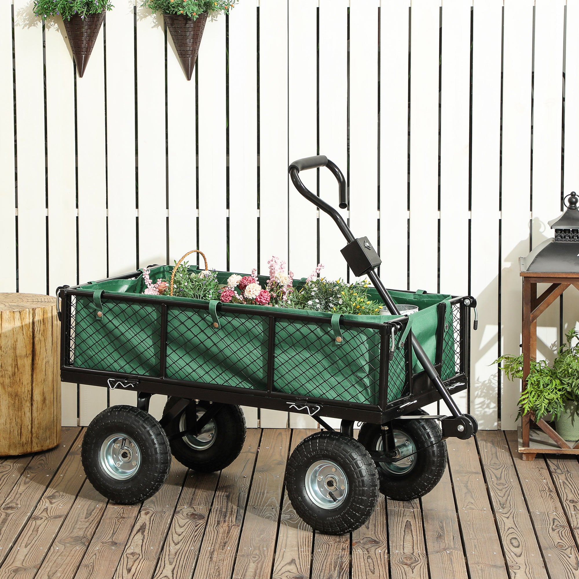 114L Steel Frame Garden Cart Trolley with Waterproof Bag and Pneumatic Wheels - Green