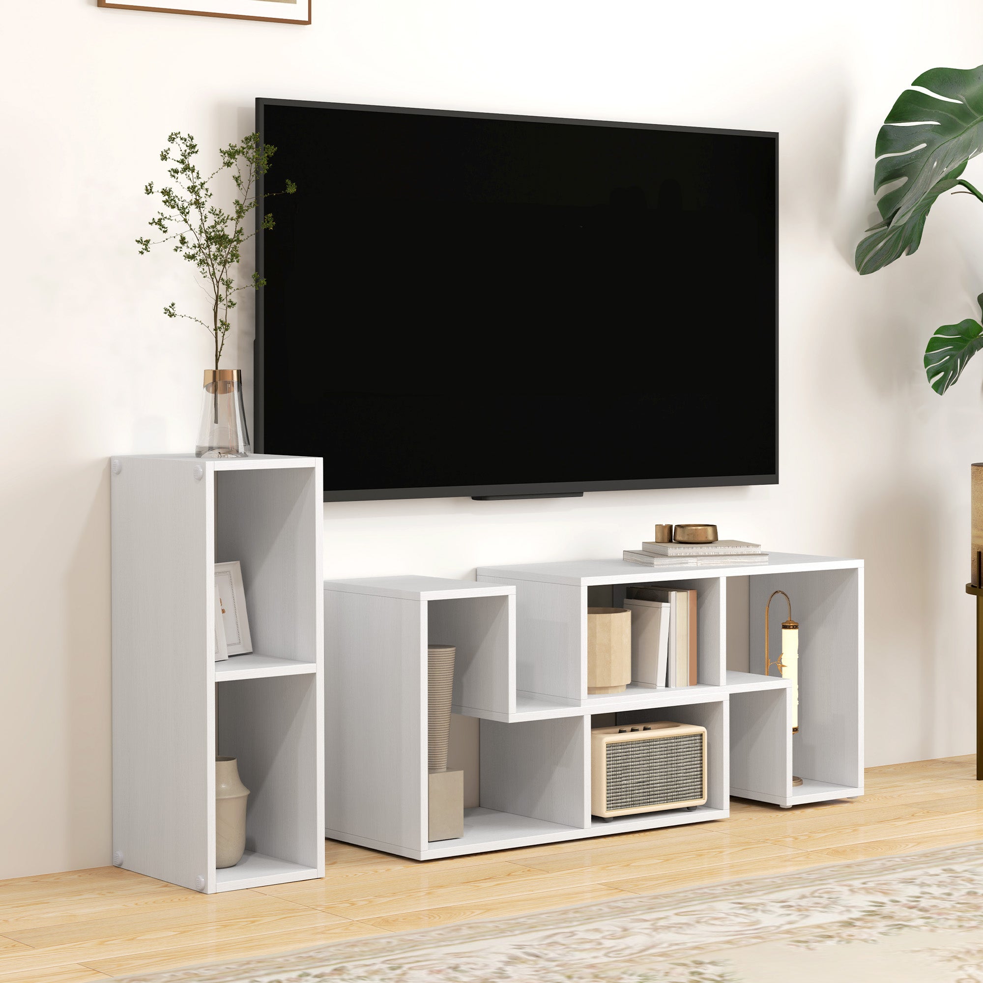 Extendable TV Stand for TVs up to 75 Inches with Storage Shelves - White Wood Grain