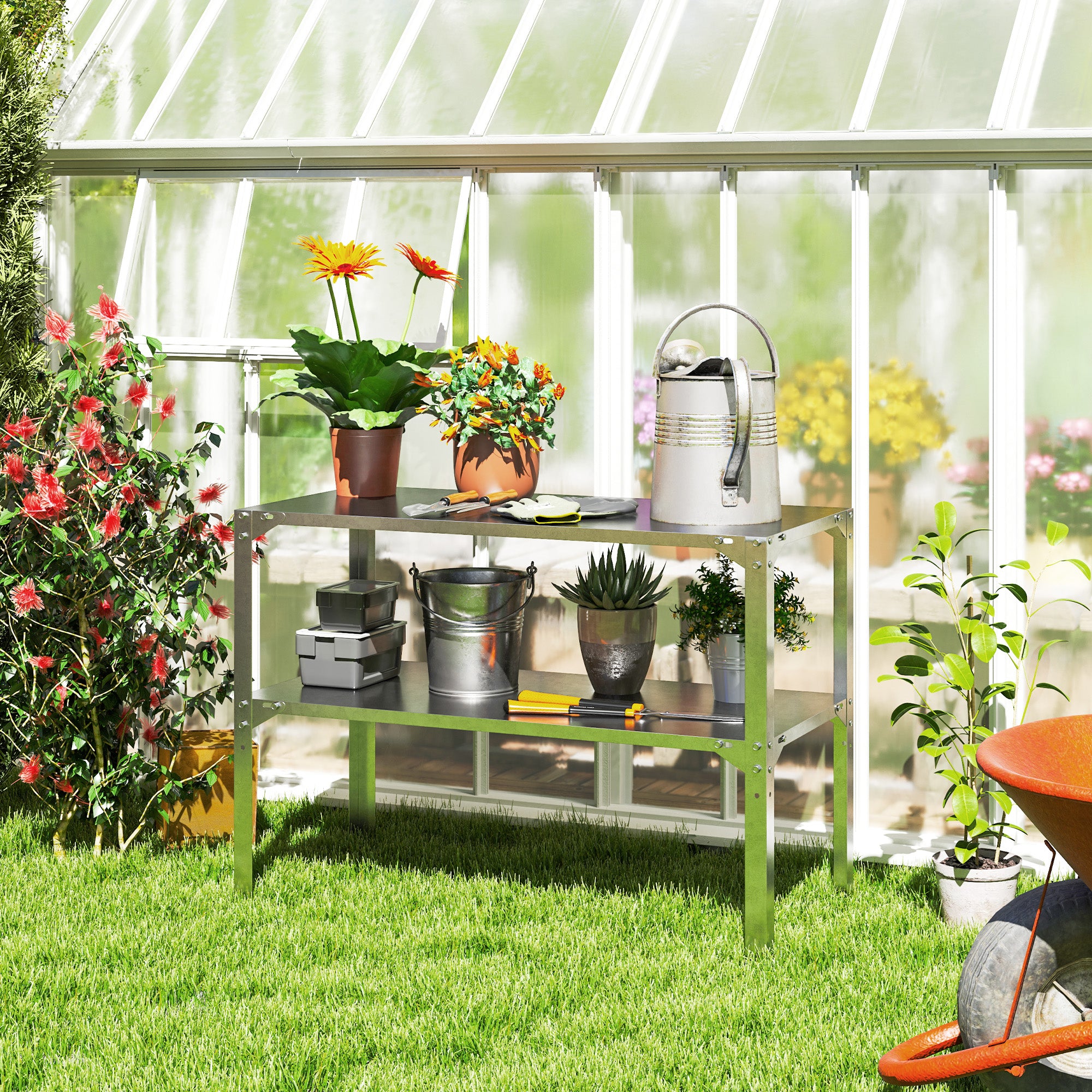 2 Tier Potting Bench Table, Galvanised Steel Garden Planting Work Bench Workstation with Storage Shelf for Outdoor, Patio, Greenhouse, 110 x 50 x 75 cm, Silver Tone