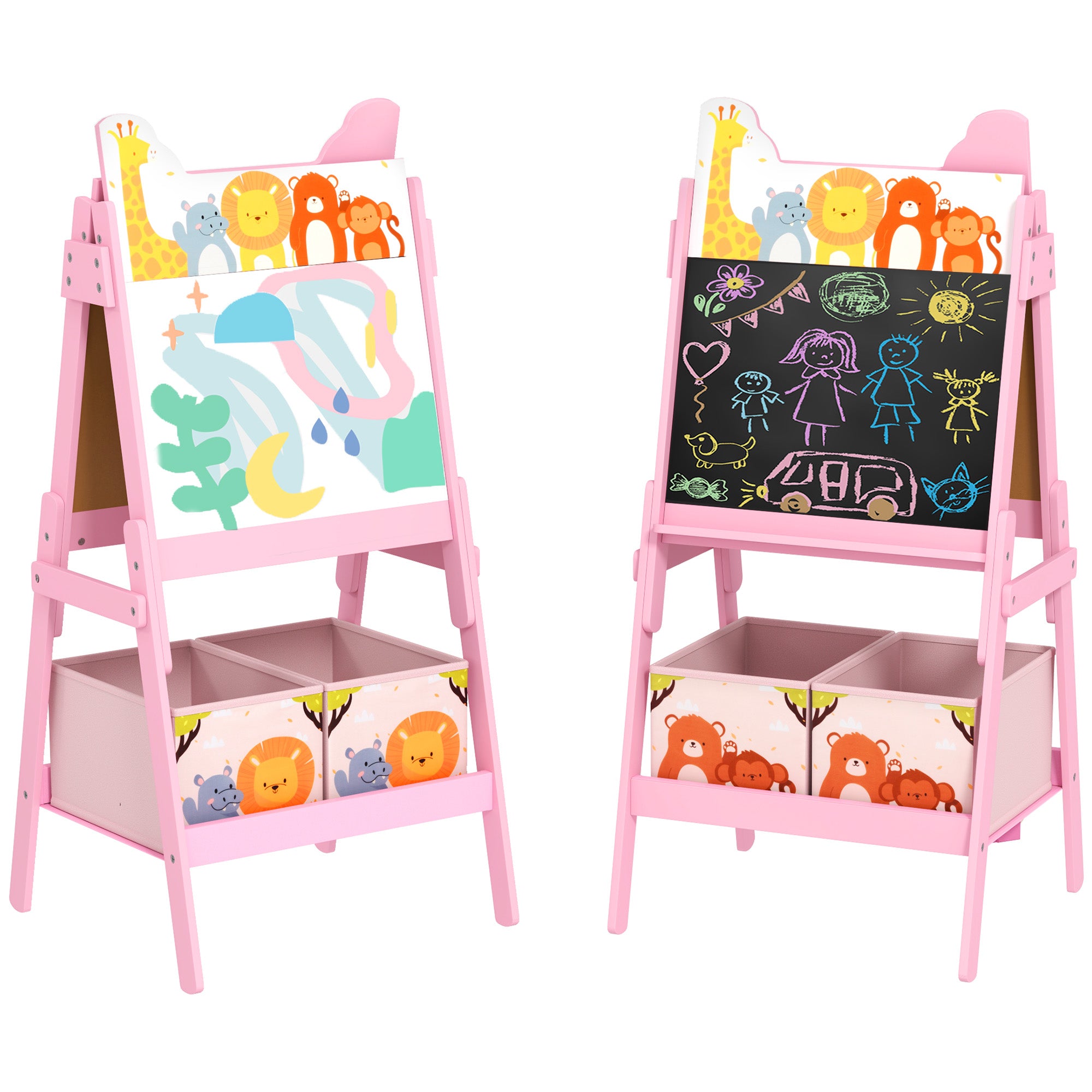 2 in 1 Kids Easel with Whiteboard, Chalkboard & Storage Boxes - Pink