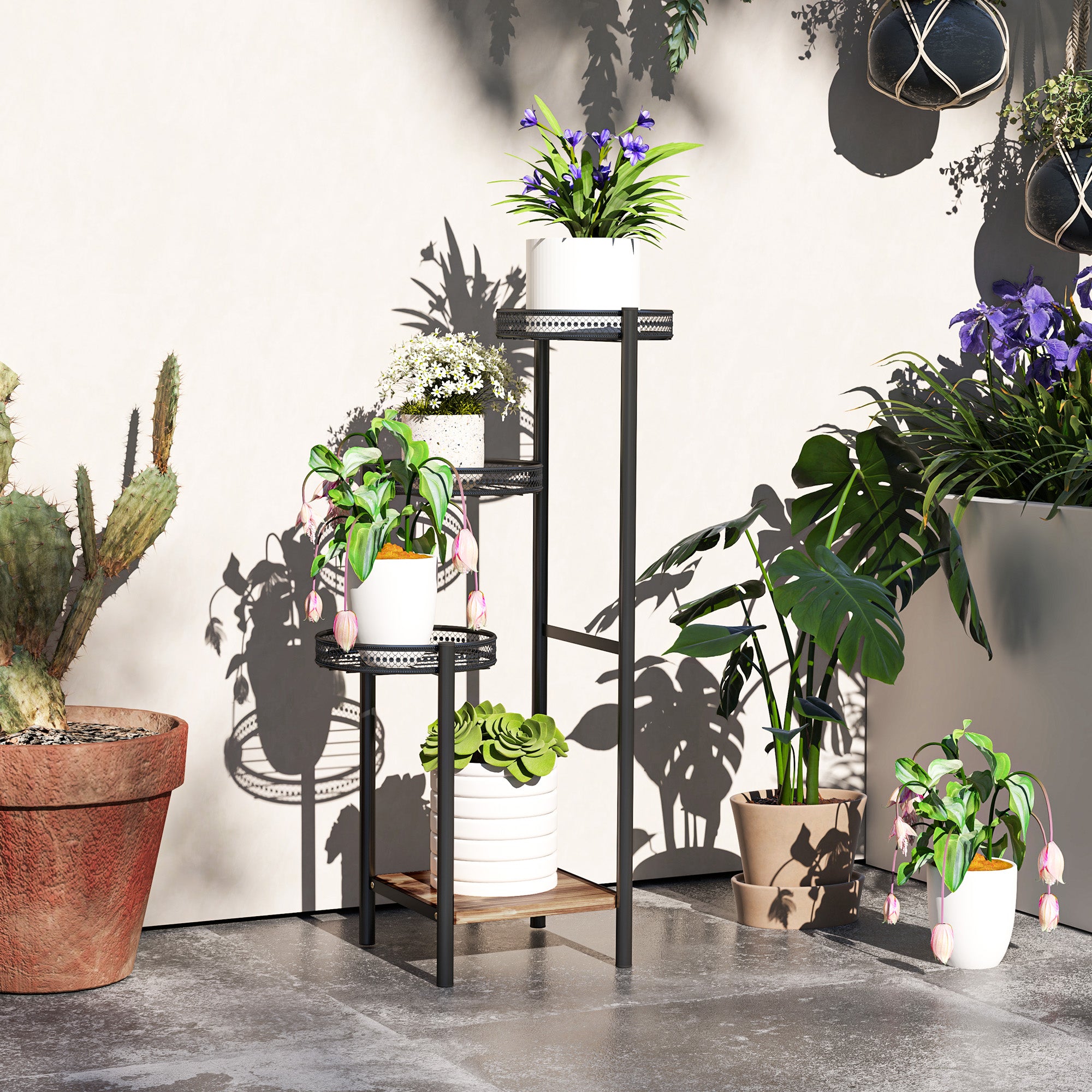Four-Tier Steel Plant Stand with Planter Trays - Black