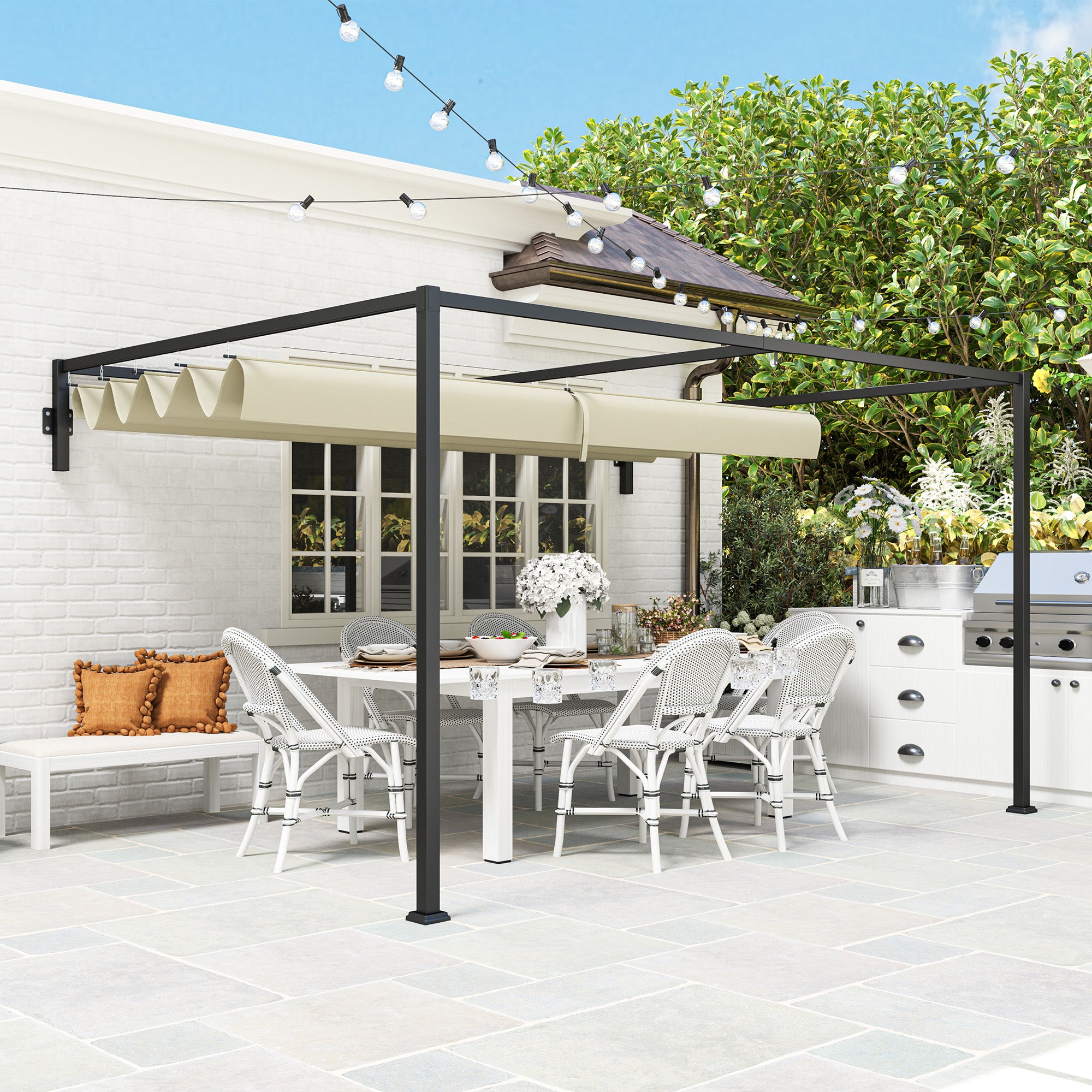 3 x 4m Steel Pergola with Retractable Canopy - Khaki