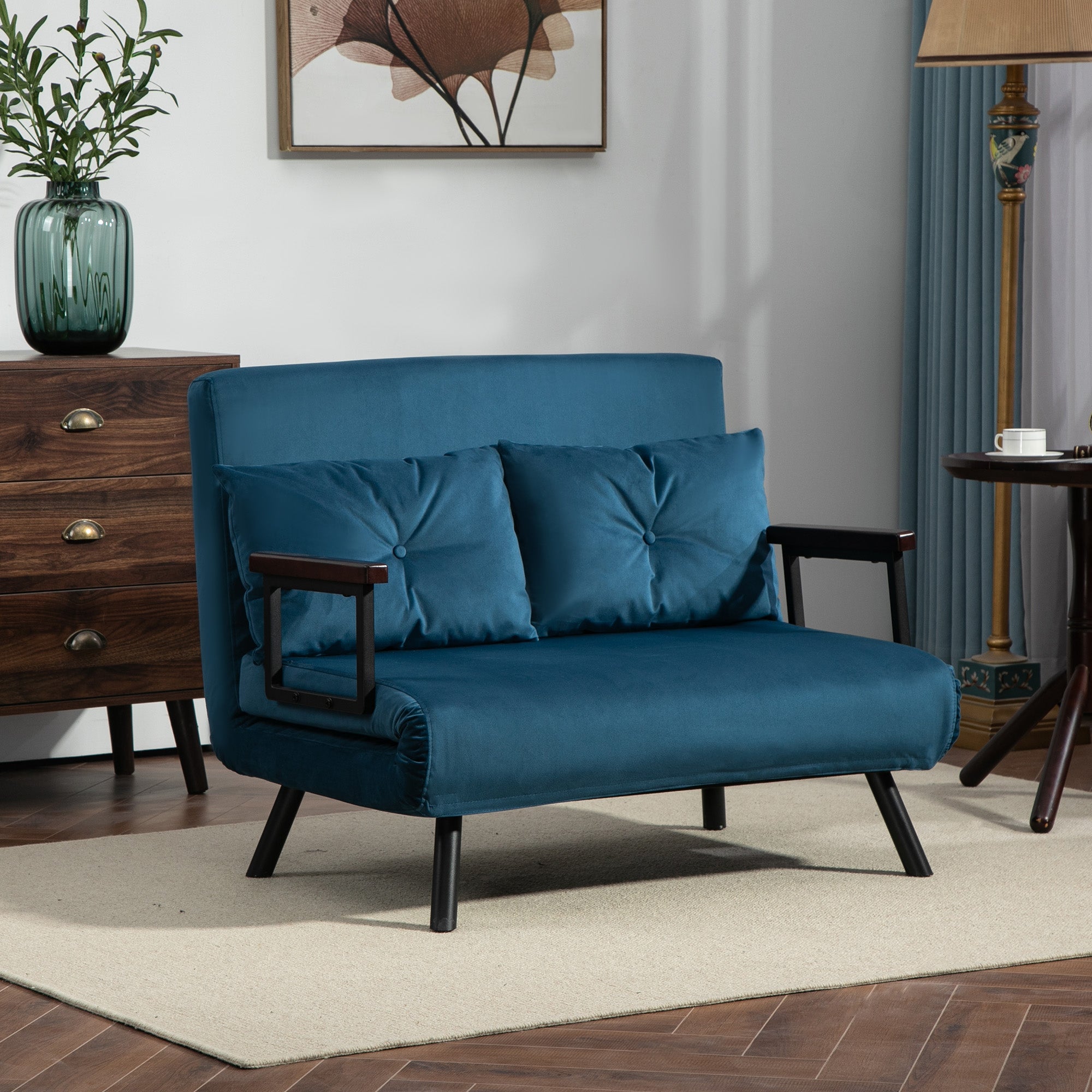 4-in-1 Velvet-Feel Double Sofa Bed with Pillows - Blue
