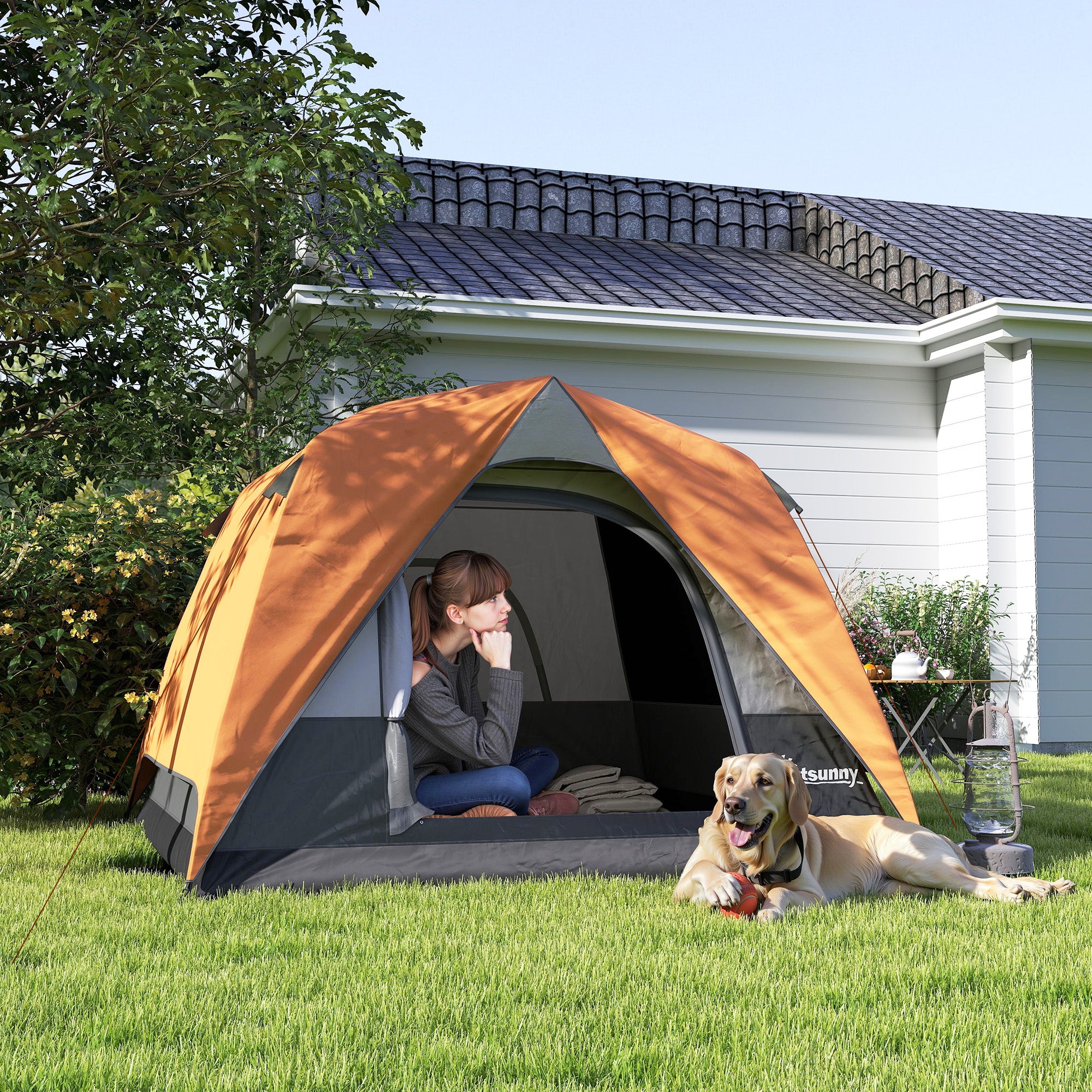 Easy Set Up Waterproof Camping Tent for 3-4 People - Orange and Grey