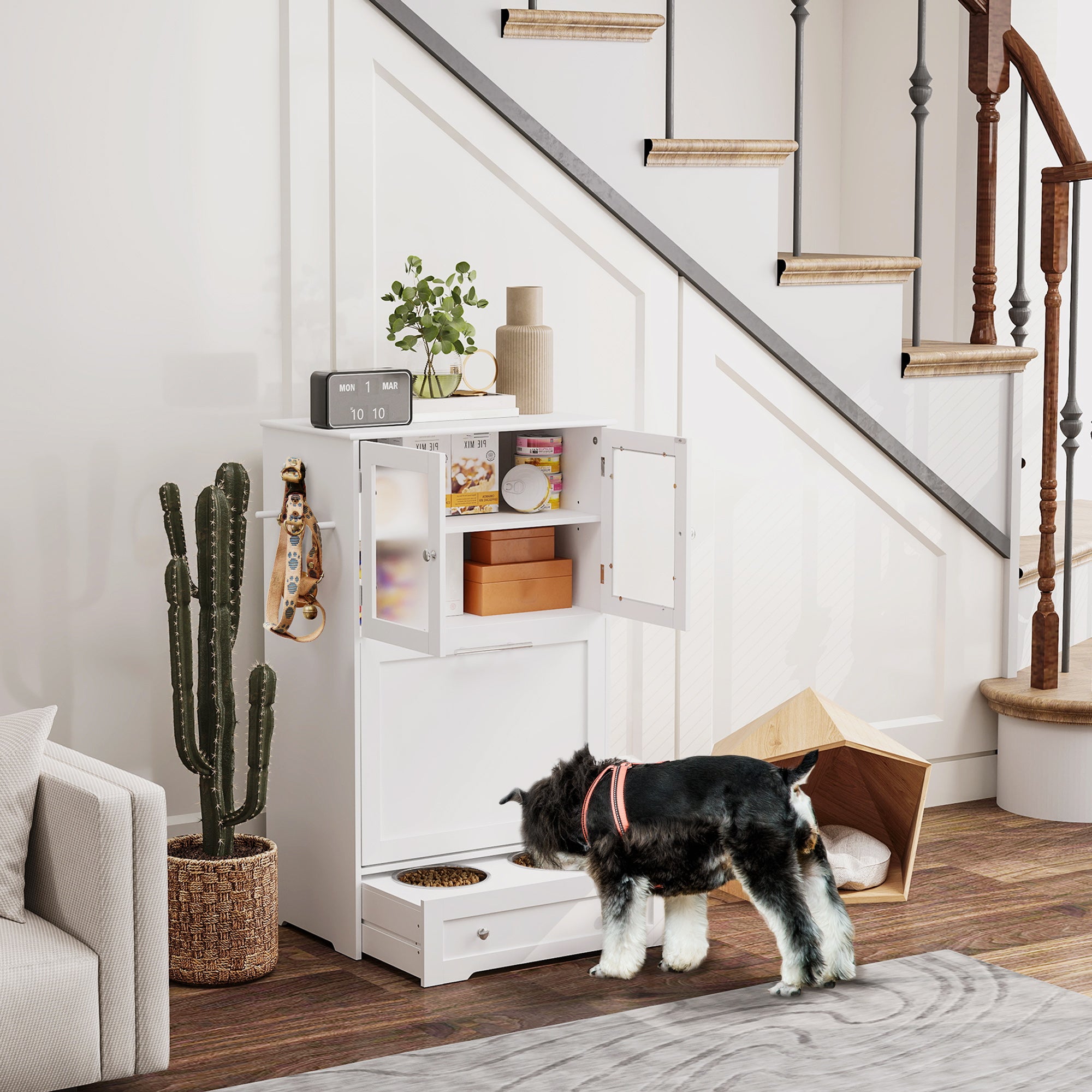 Dog Feeding Station with 2 Storage Cabinets, 2 Elevated Bowls, Side Hooks, Anti-tip Kit for Water and Feeding Supplies