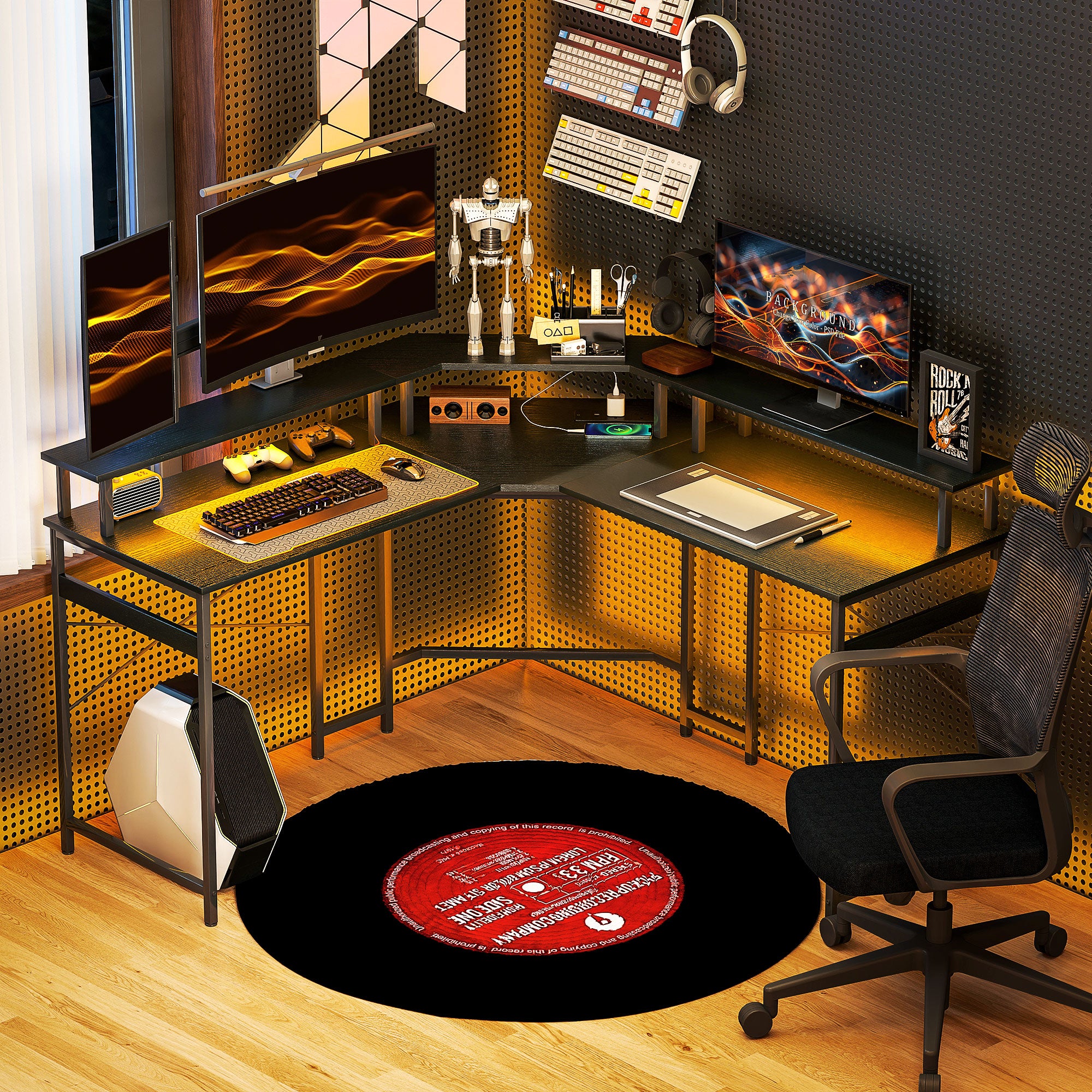 L Shaped Work Desk with 16-Colour LED Lights and Charging Ports - Black