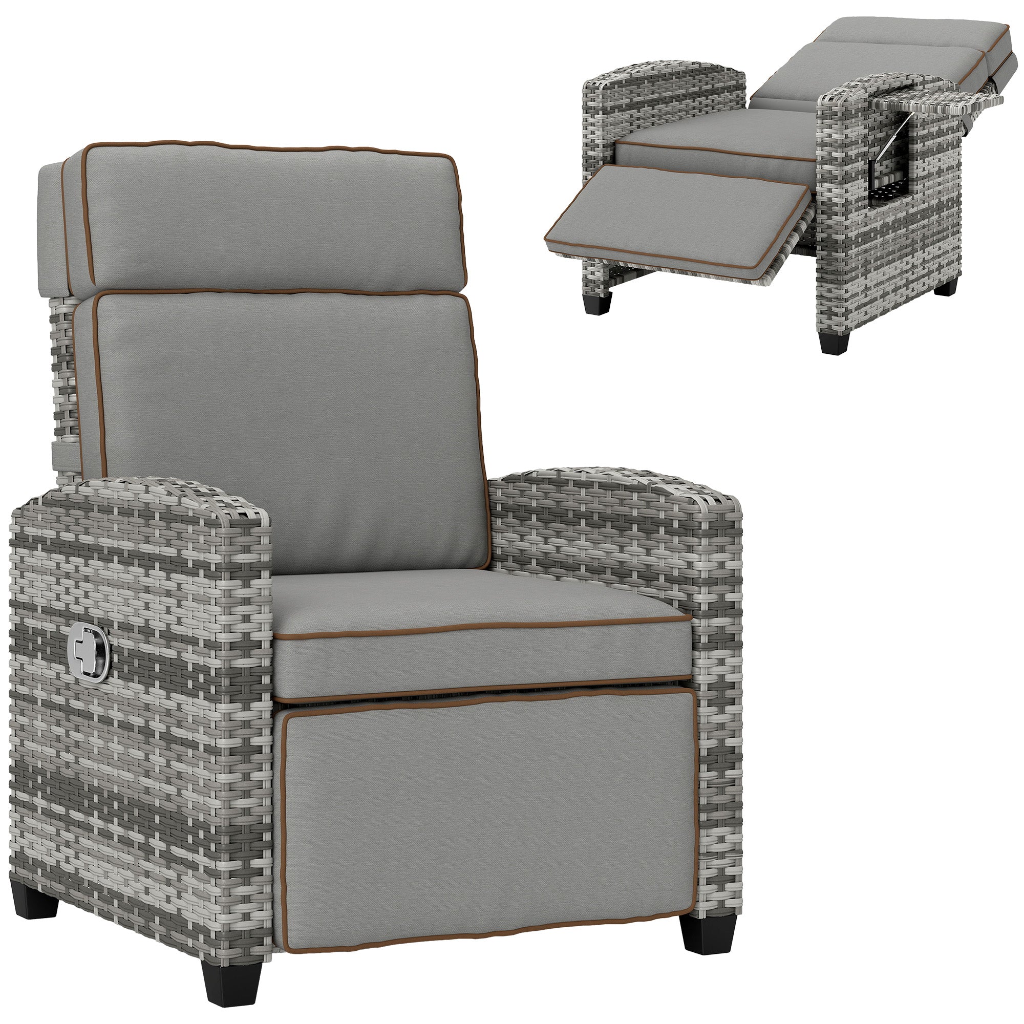 Adjustable Rattan Garden Recliner Chair with Flip Table, Cushion & Footrest - Mixed Grey/Grey