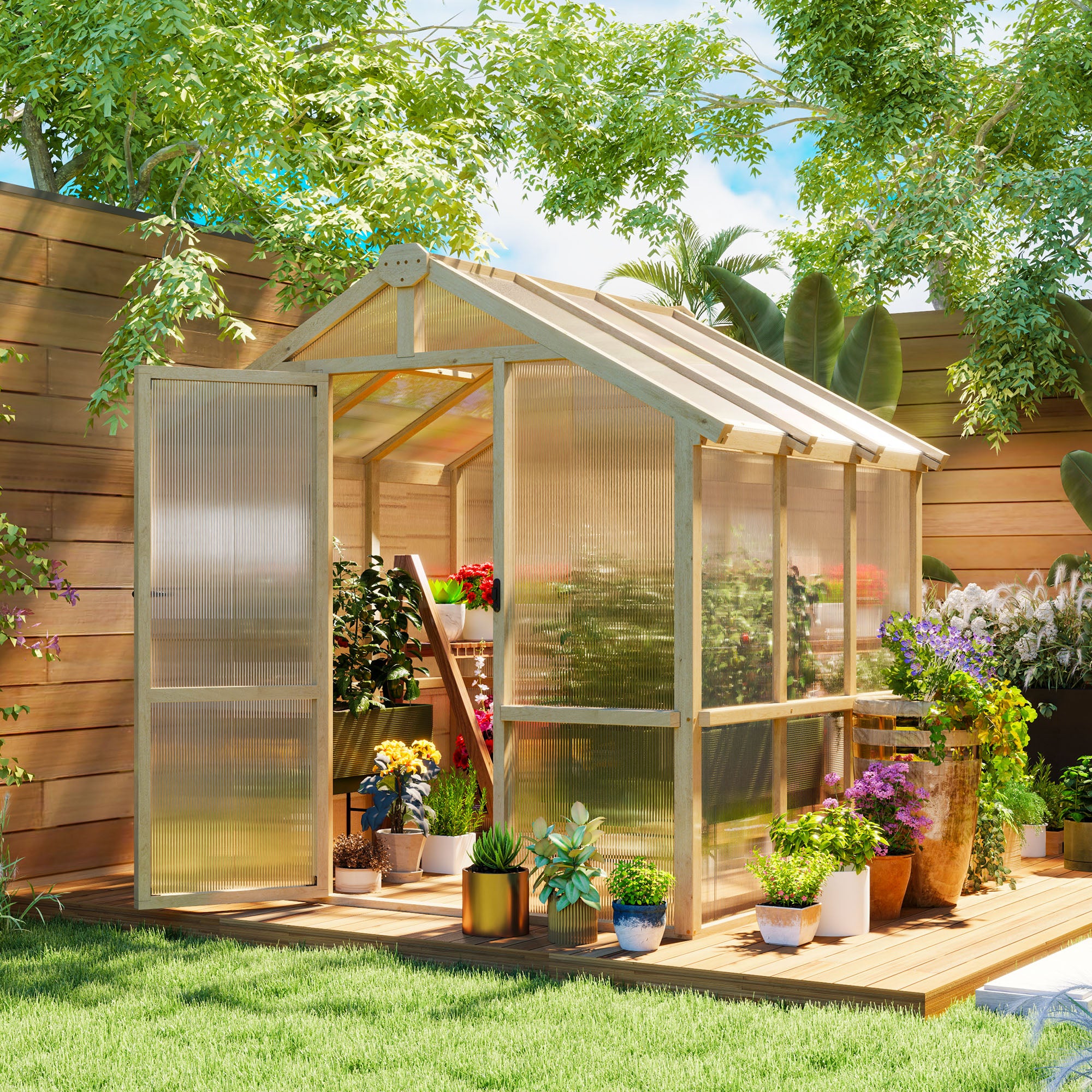 6.6 x 6ft Polycarbonate Greenhouse, Walk-in Wooden Greenhouse with Lockable Door and Window, Garden Plants Grow House, Brown