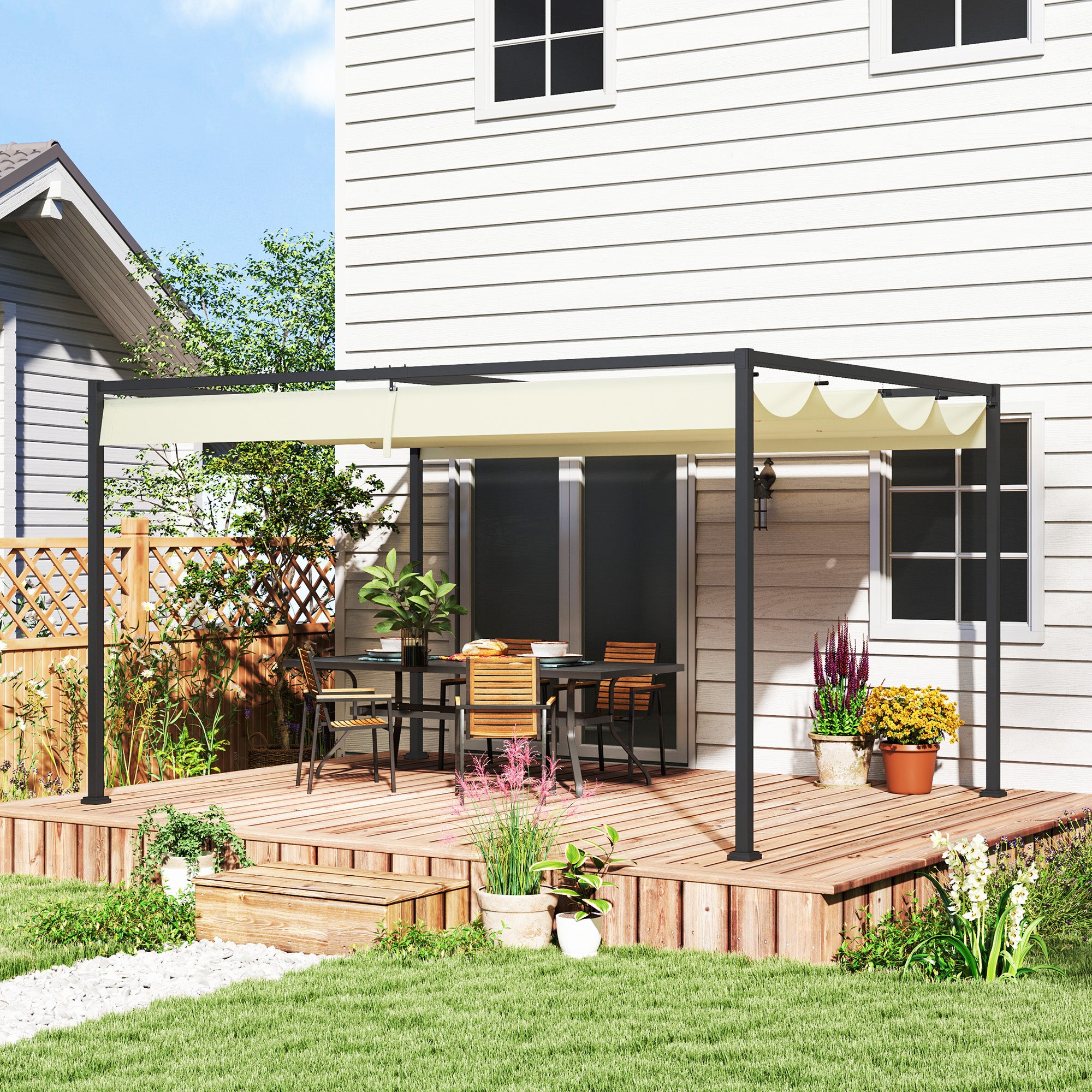 4 x 3(m) Metal Pergola with Retractable Roof, Garden Gazebo Canopy Shelter for Outdoor, Patio, Cream White