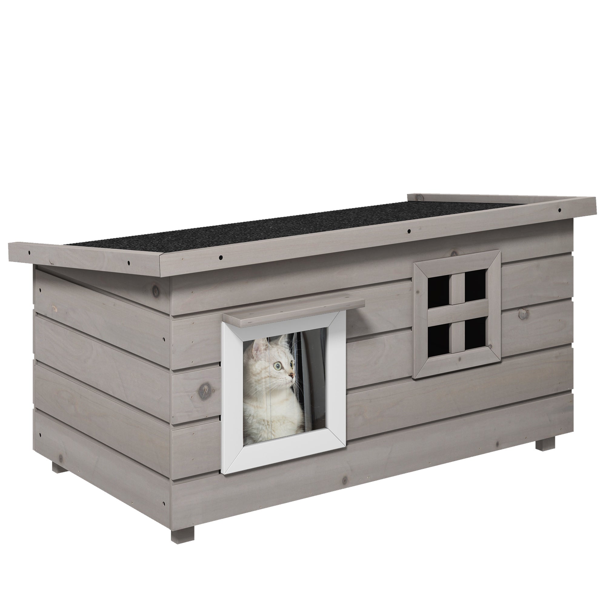 Wooden Outdoor Cat House, Elevated Cat Shelter Kennel, Pet Play House with Openable Top, Asphalt Roof, Window, Grey