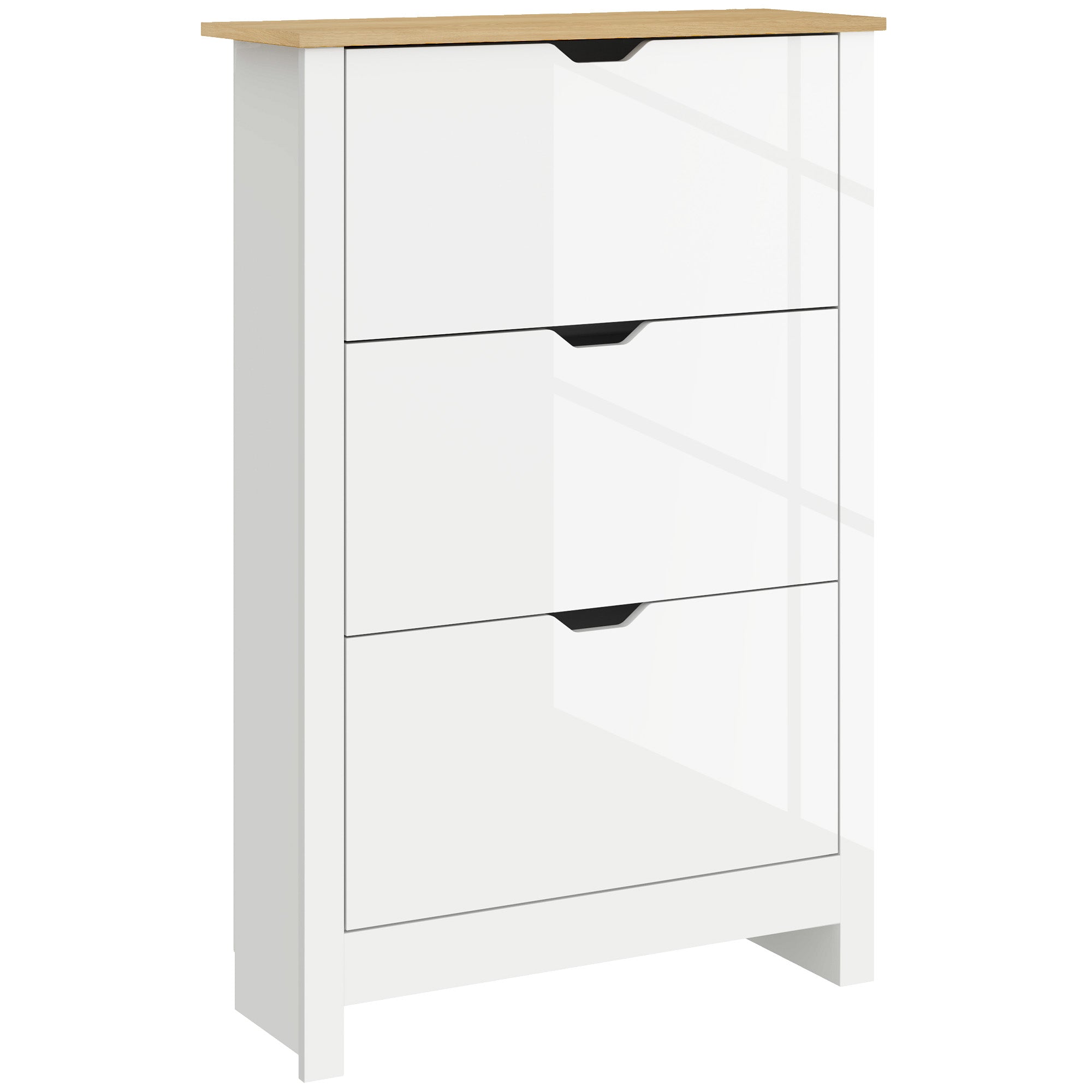 Slim Narrow Shoe Cabinet with 3 Flip Drawers and Adjustable Shelves for 18 Pairs of Shoes - High Gloss White