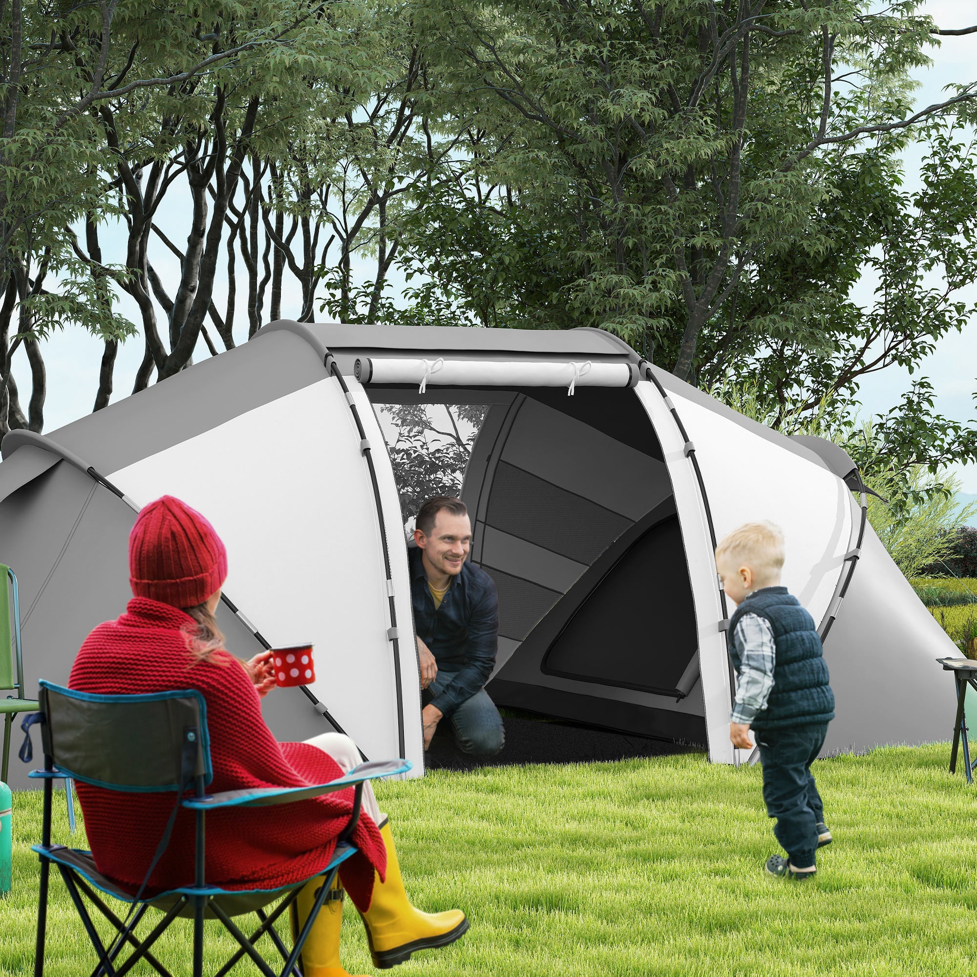 Spacious 4-6 Person UV Protection Camping Tent - Charcoal Grey and White