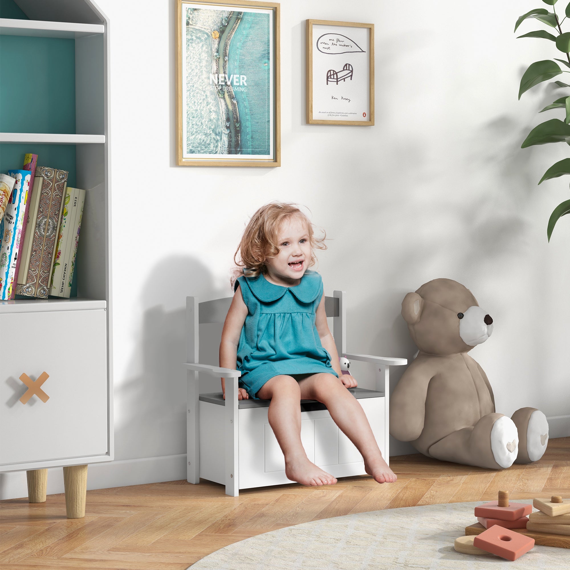 Kids 2-in-1 Toy Box and Bench with Backrest and Gas Strut Lid - Grey
