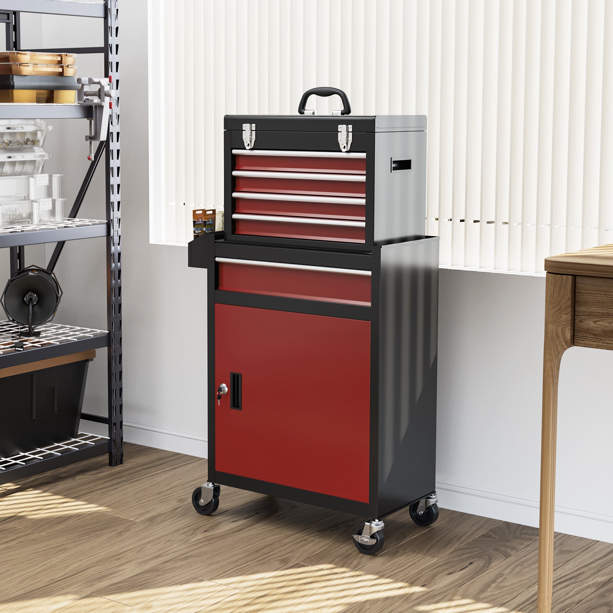Two-Part Rolling Tool Storage Chest with Lockable Cabinet - Black/Red