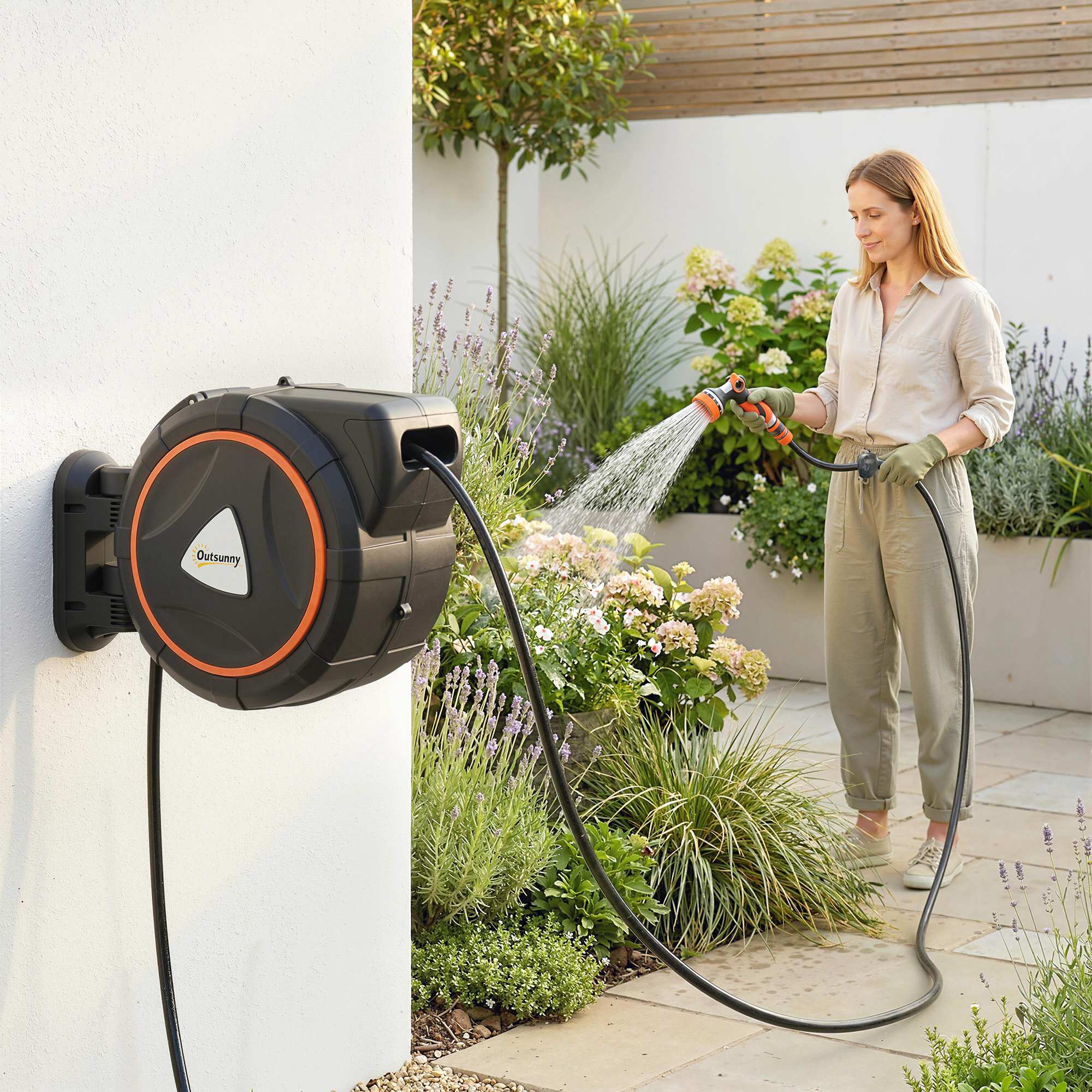 28+2m Retractable Hose Reel Wall Mounted with Auto Retraction, Self-Locking, Slow Return System, 12-Pattern Nozzles