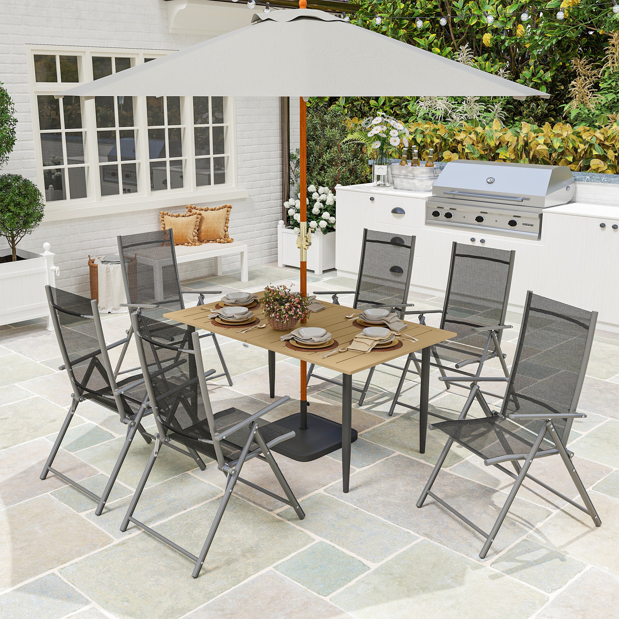 6 Seater Garden Dining Table with Parasol Hole 150x90 cm - Brown Steel Frame