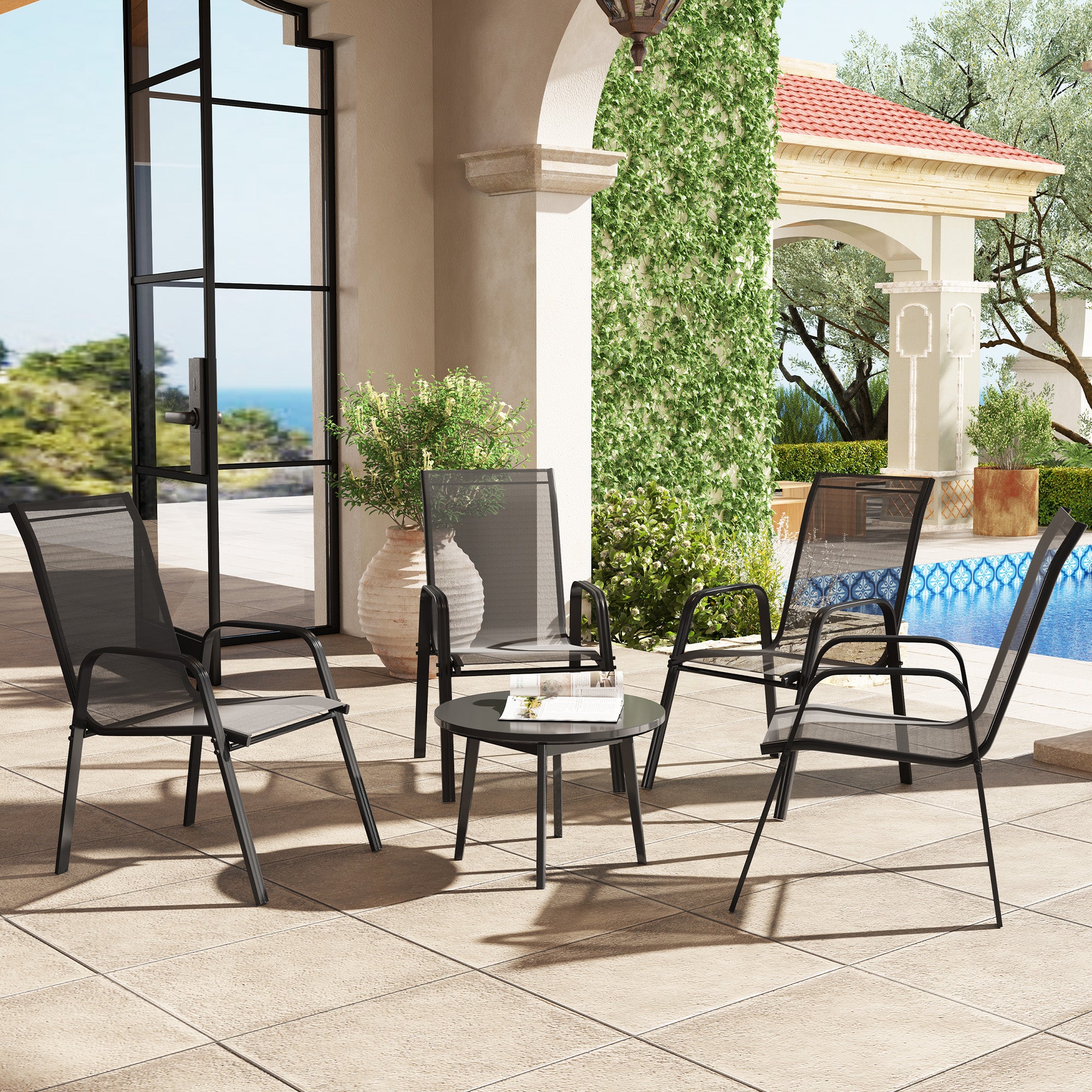 Set of 4 Stackable Mesh Seat Dining Chairs with Armrests - Black