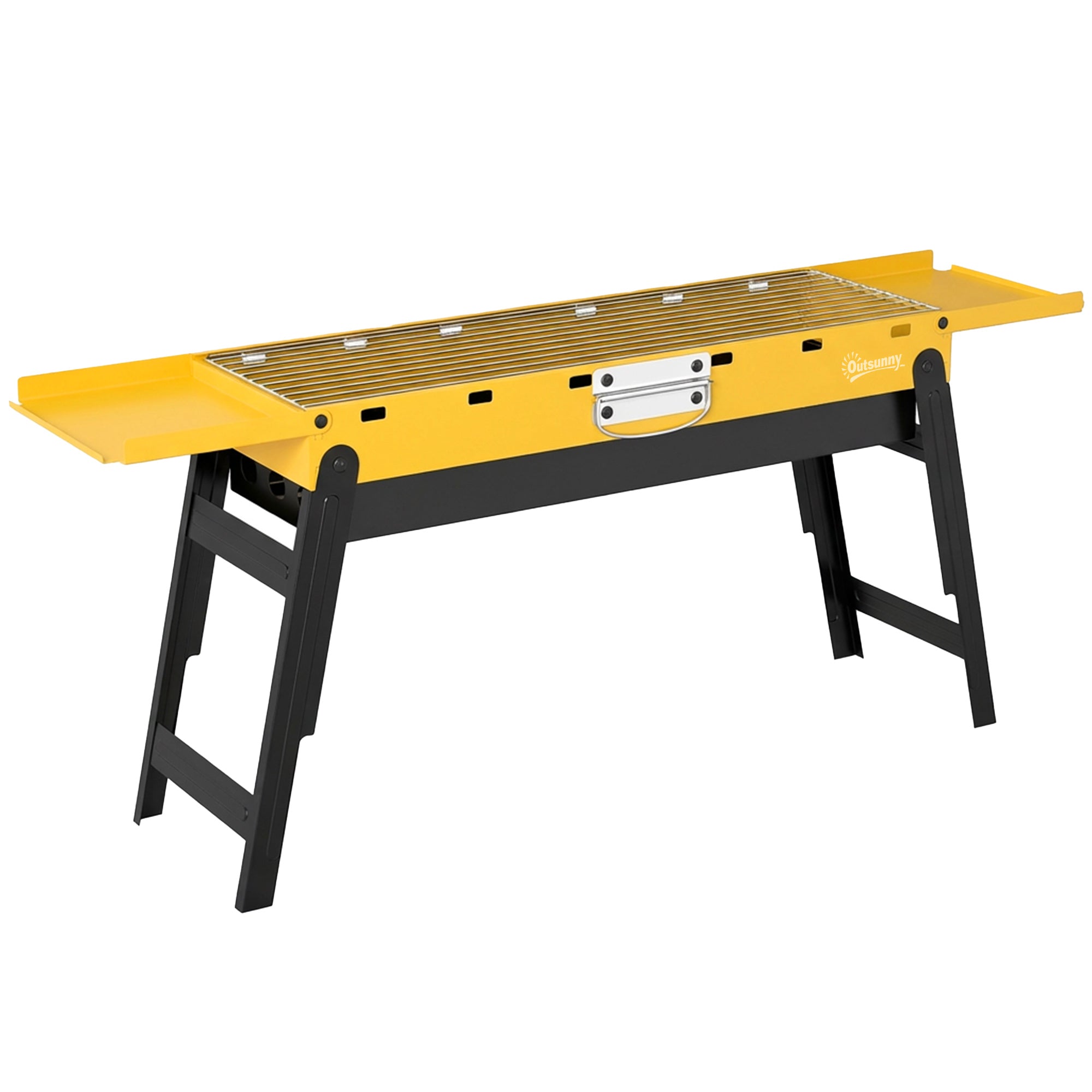 Portable BBQ Grill, Foldable Charcoal Grill for Camping and Picnics with 2 Side Shelves and Handle, Yellow