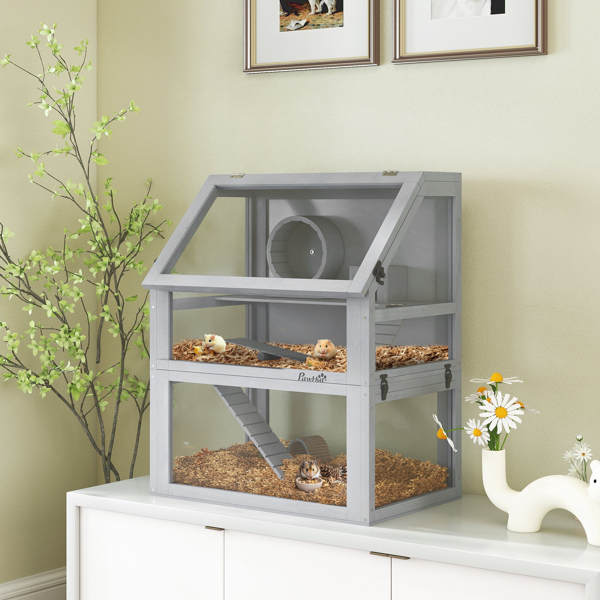 Wooden Hamster Cage with Detachable 32cm Deep Bottom, Hut, Seesaw, Exercise Wheel, Ramp, 60 x 40 x 75cm, Light Grey