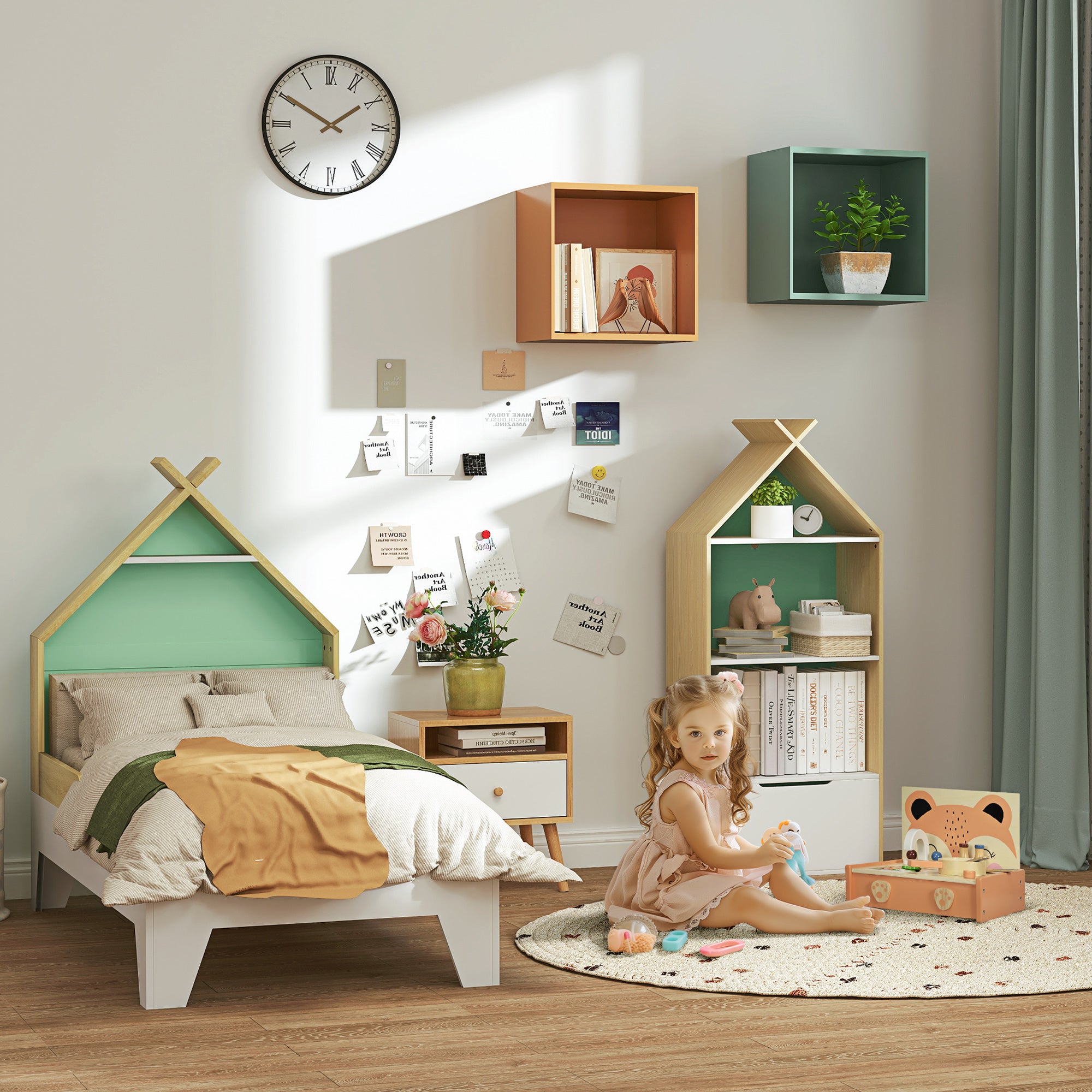 Toddler Treehouse Bed Frame with Safety Guardrails - Green