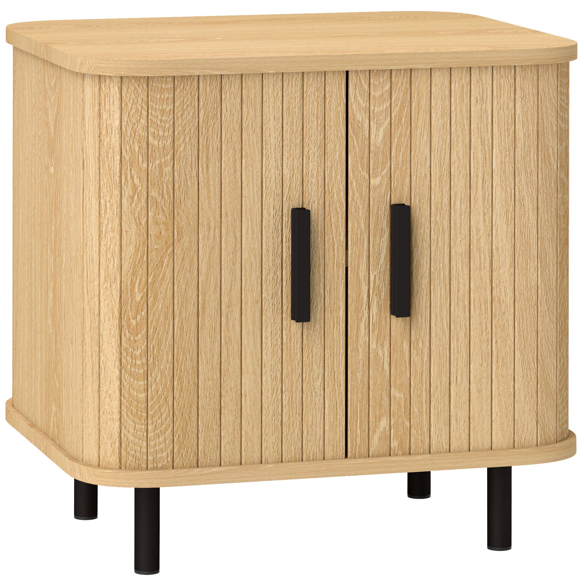 Bedside Table, Nordic Side Table with Roller Shutter Style Sliding Doors and Metal Legs for Bedroom, Living Room, Oak Tone