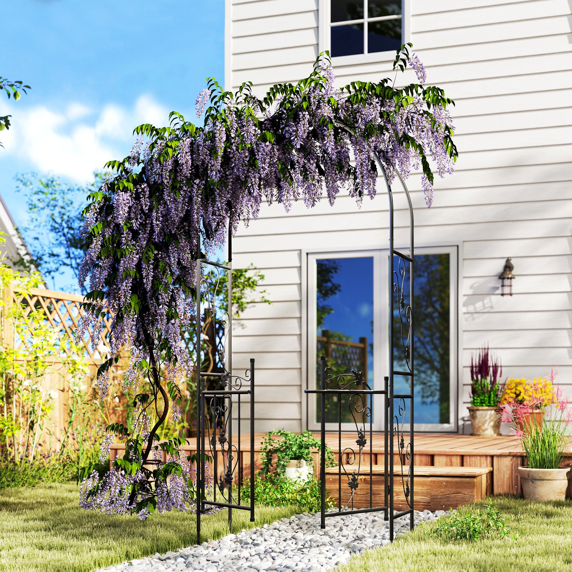 2.17m Steel Garden Arch with Gate, Wedding Arch for Outdoor, Garden, 107W x 45D x 217H cm Black