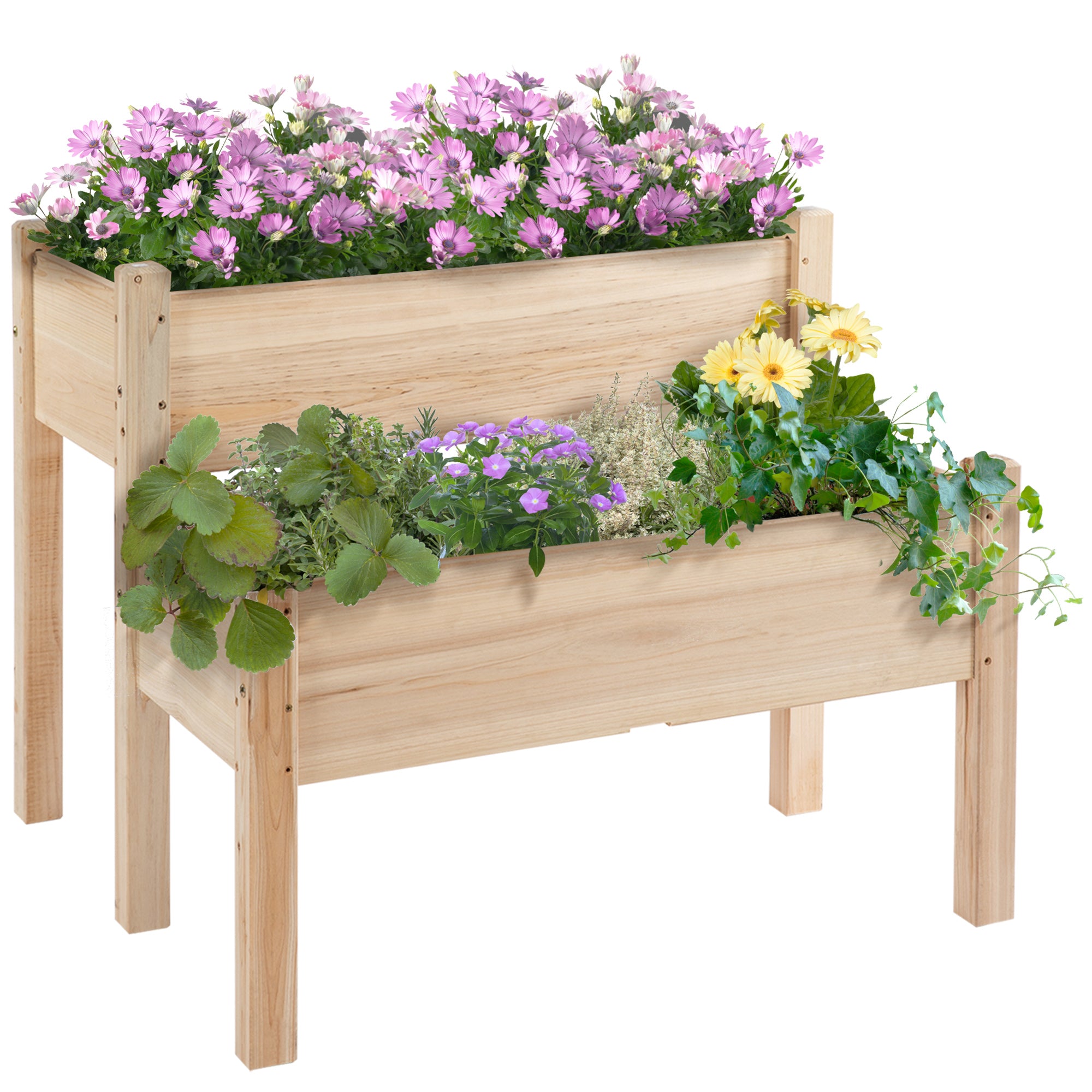 2-Piece Raised Beds for Garden, Wooden Raised Planters with Legs and Drainage Holes for Flower Vegetable Herb Grow, 86L x 85W x 72Hcm