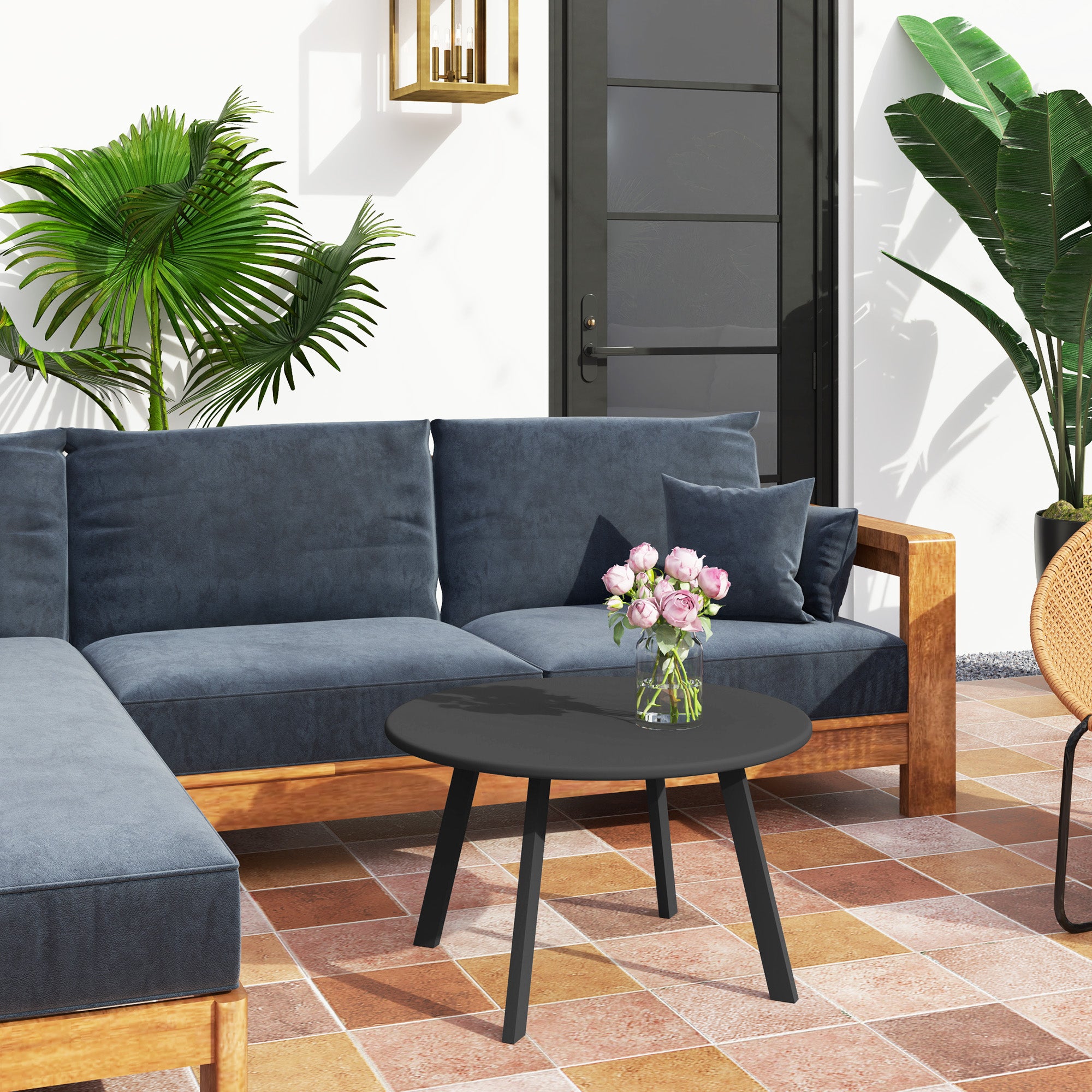 70cm Round Outdoor Coffee Table with Metal Frame and Non-Slip Pads - Black