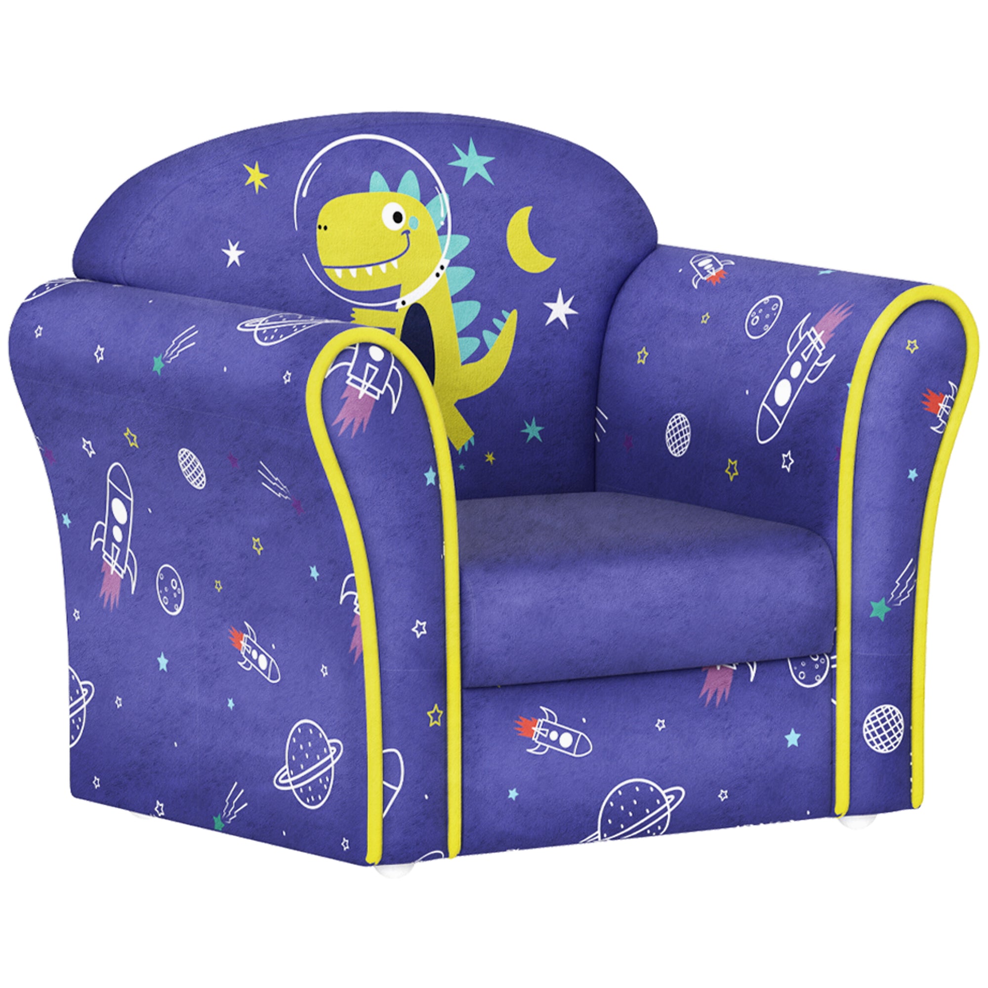Kids Armchair with Wooden Frame and Planet Dinosaur Design - Blue